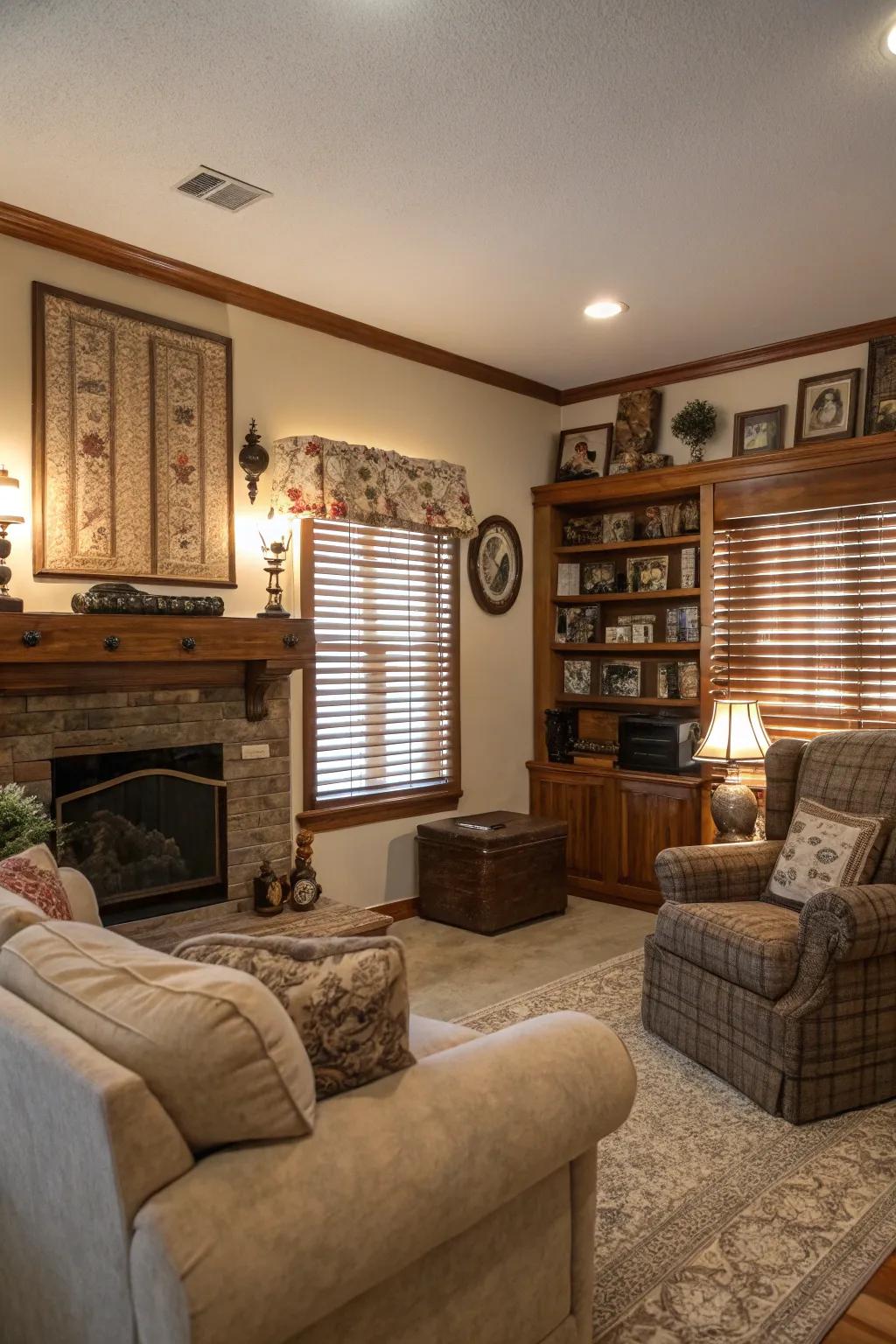 Welcoming living space showcasing traditional timber partial blinds.