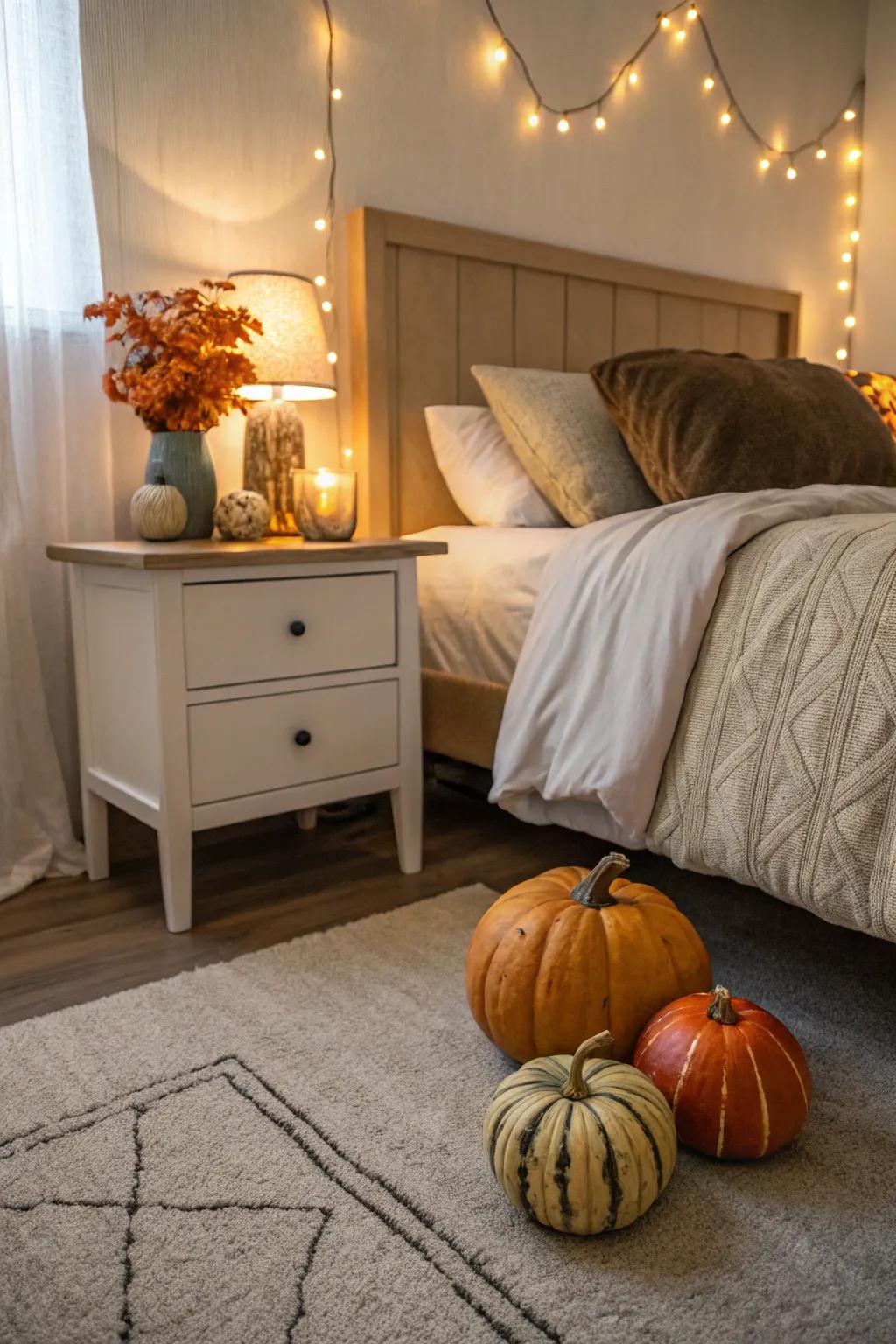 Pumpkins add a festive touch to any corner of your bedroom.