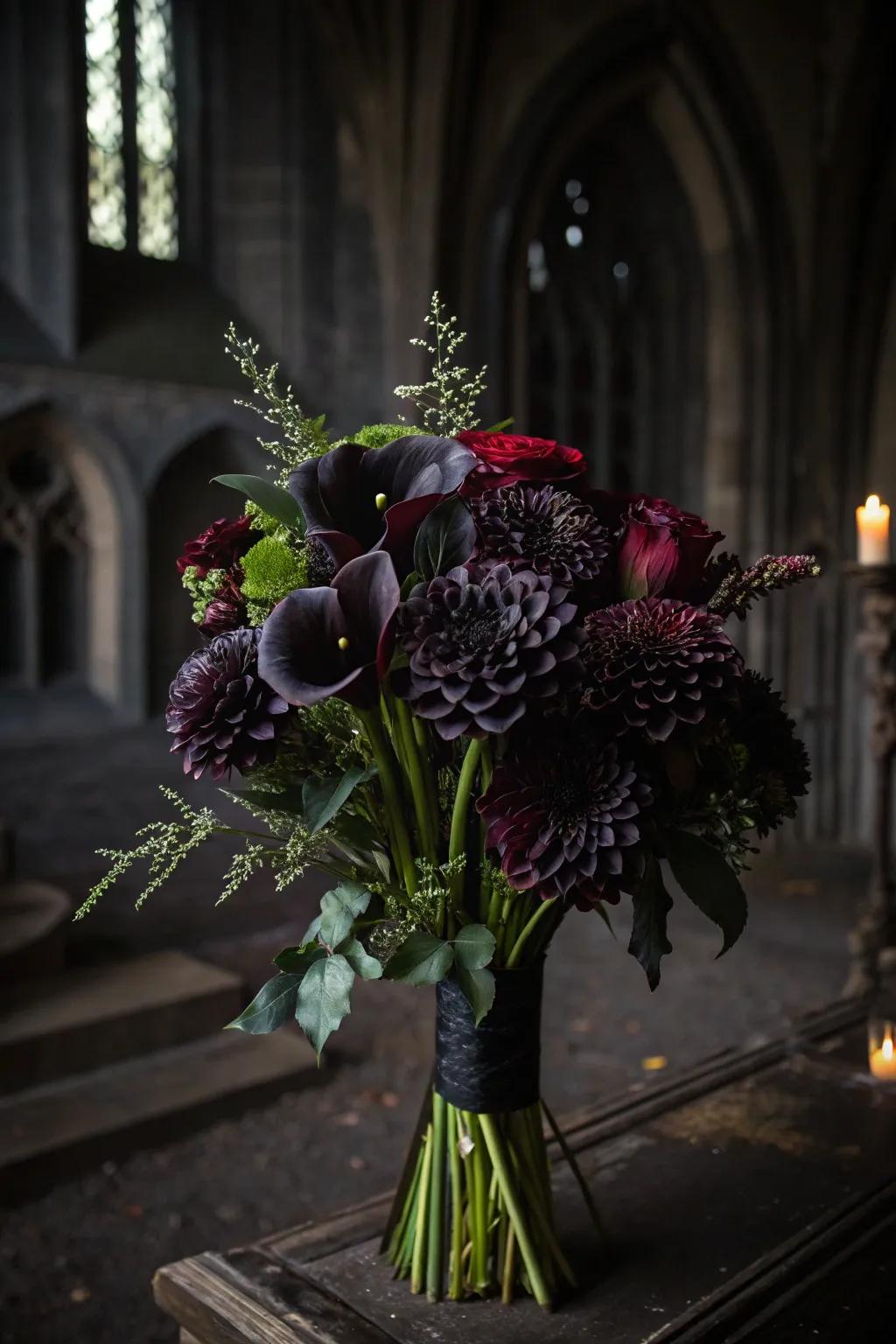 A refined arrangement showcasing midnight bloom lilies, crafted to emanate somber Halloween elegance.