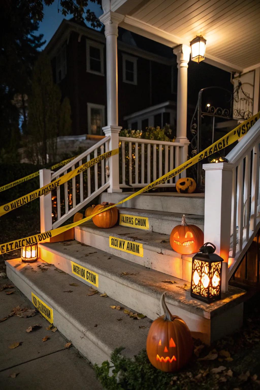 A spooky porch scene with warning ribbon and gourds.