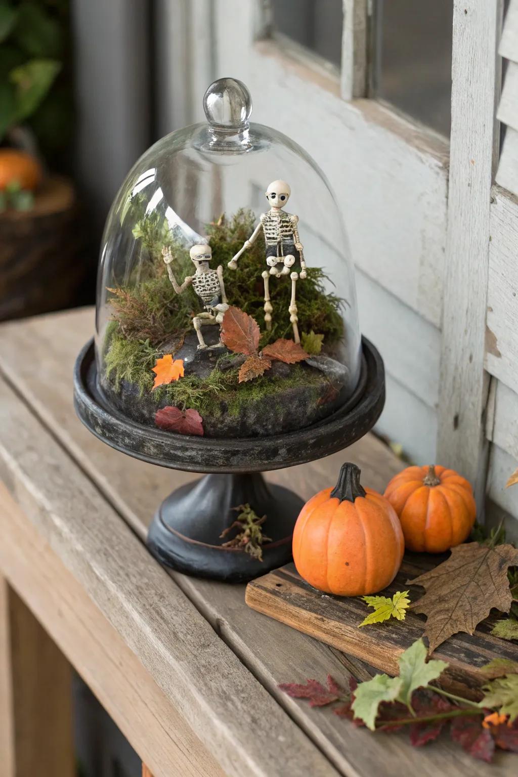 A spooky display dome featuring skeletons and foliage for a graveyard ambiance.