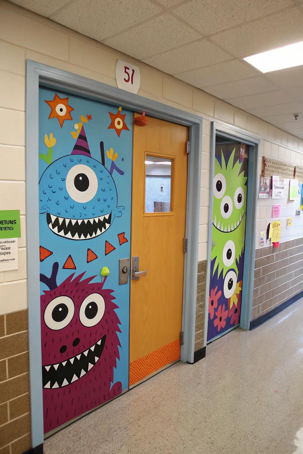 A classroom door alive with friendly, vibrant monsters.