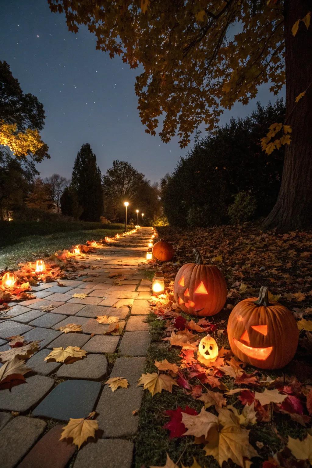 A bewitching path illuminated by radiant pumpkins, ideal for Halloween festivities.