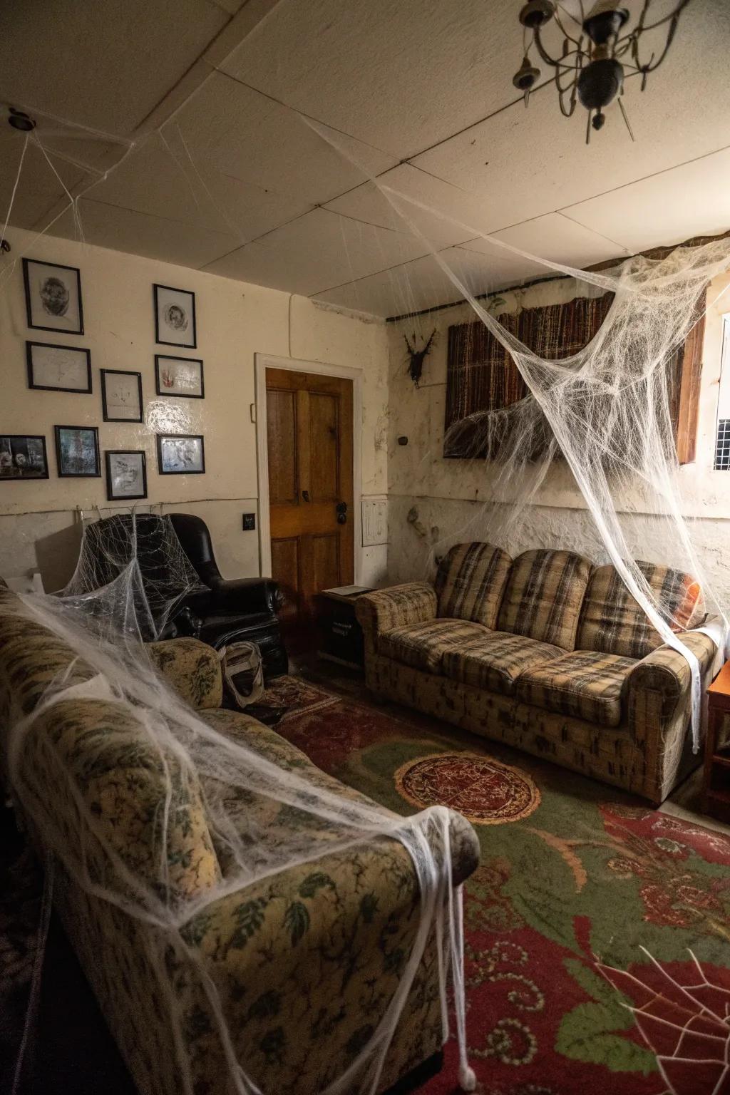 Spider webs draped across a living room to simulate a classic haunted house