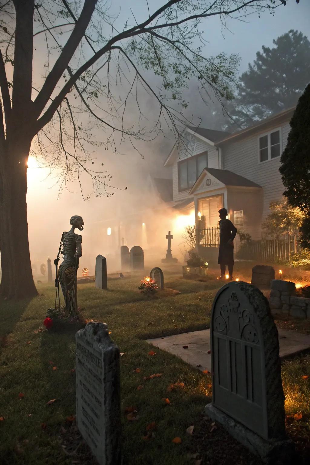 Change your yard into a spooky graveyard featuring headstones and skeletons.