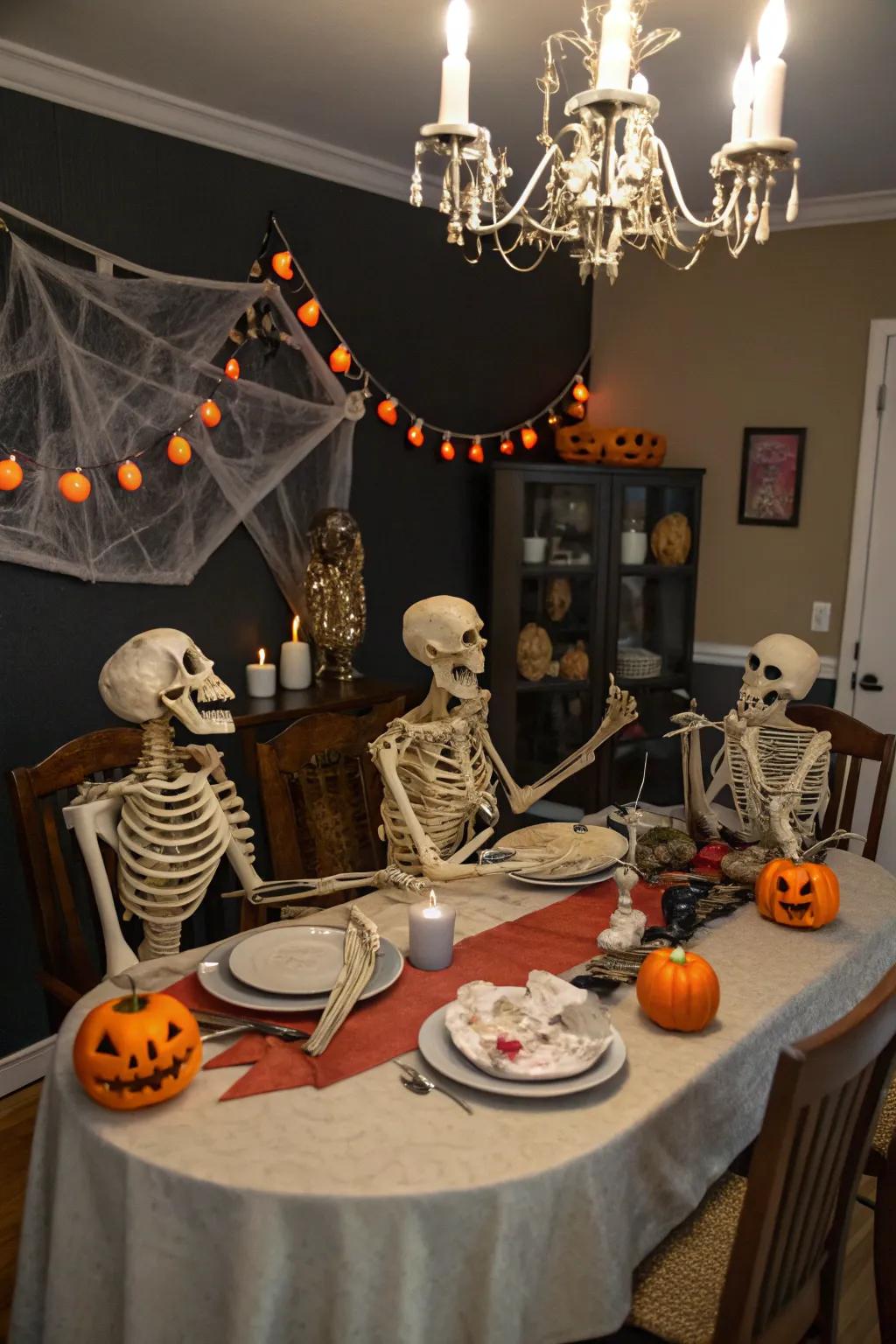 A skeleton family gathering lends both warmth and humor to your Halloween decorations.