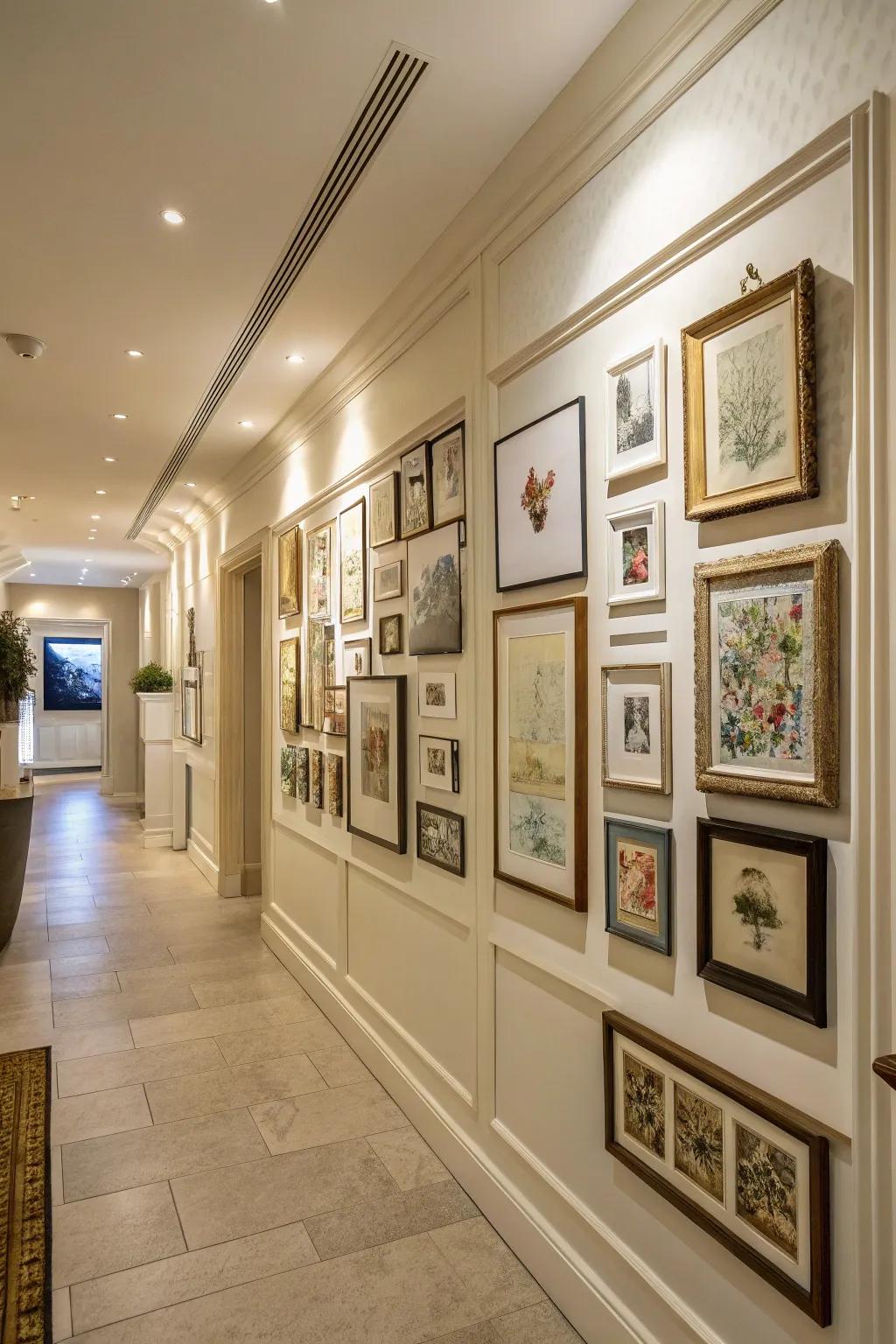 A gallery wall reimagines a hallway as an artistic passage.