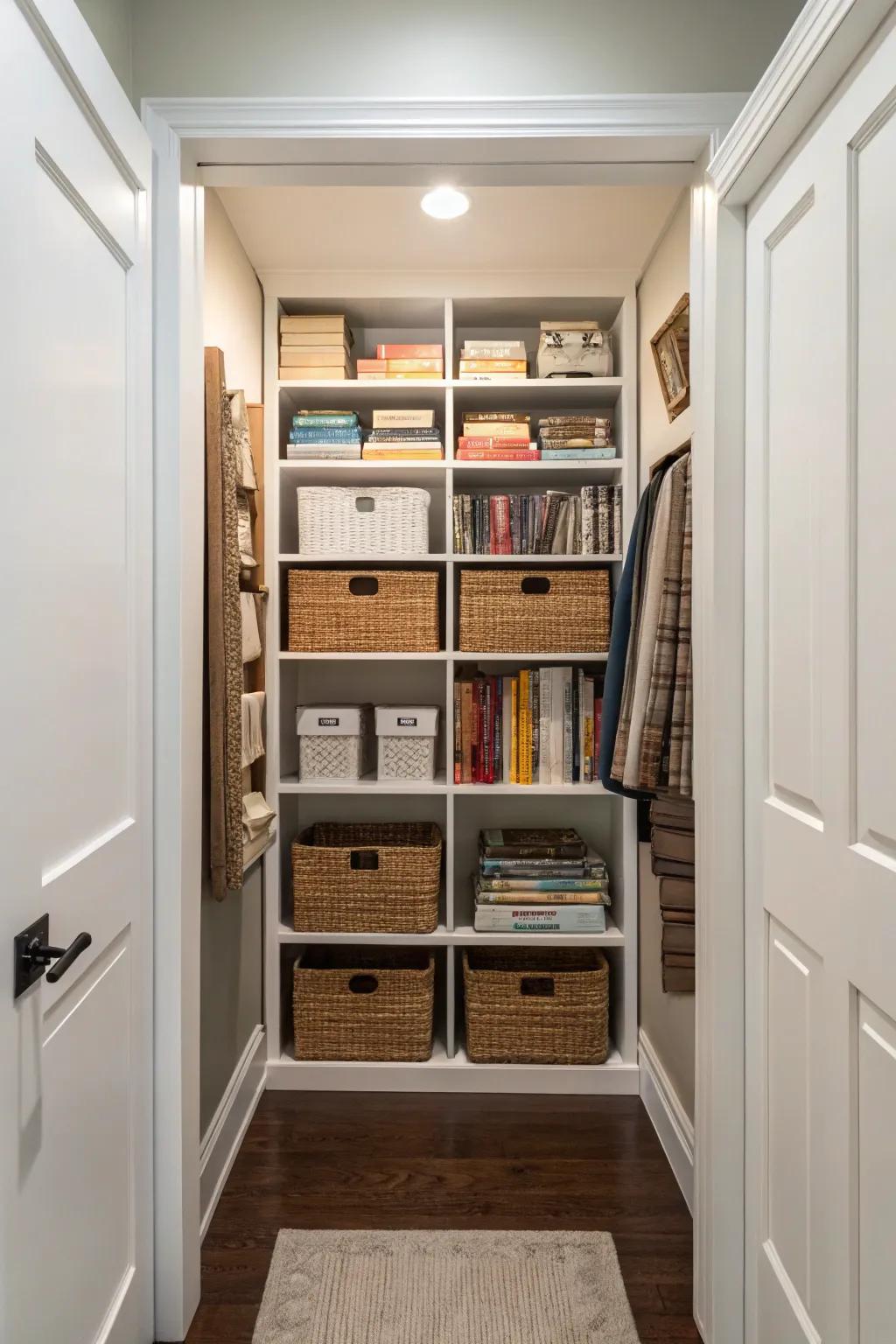 A well-organized hallway closet using adjustable shelves to take full advantage of vertical space.