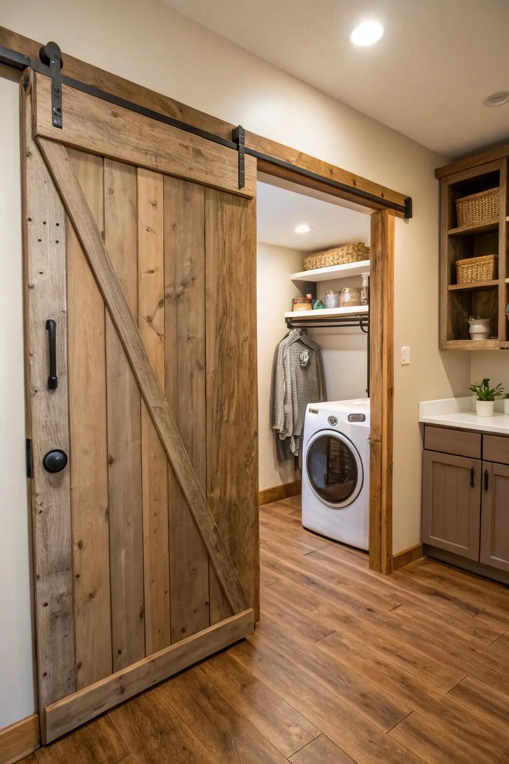 A country-style sliding barn door introduces personality and function to a hallway laundry room.