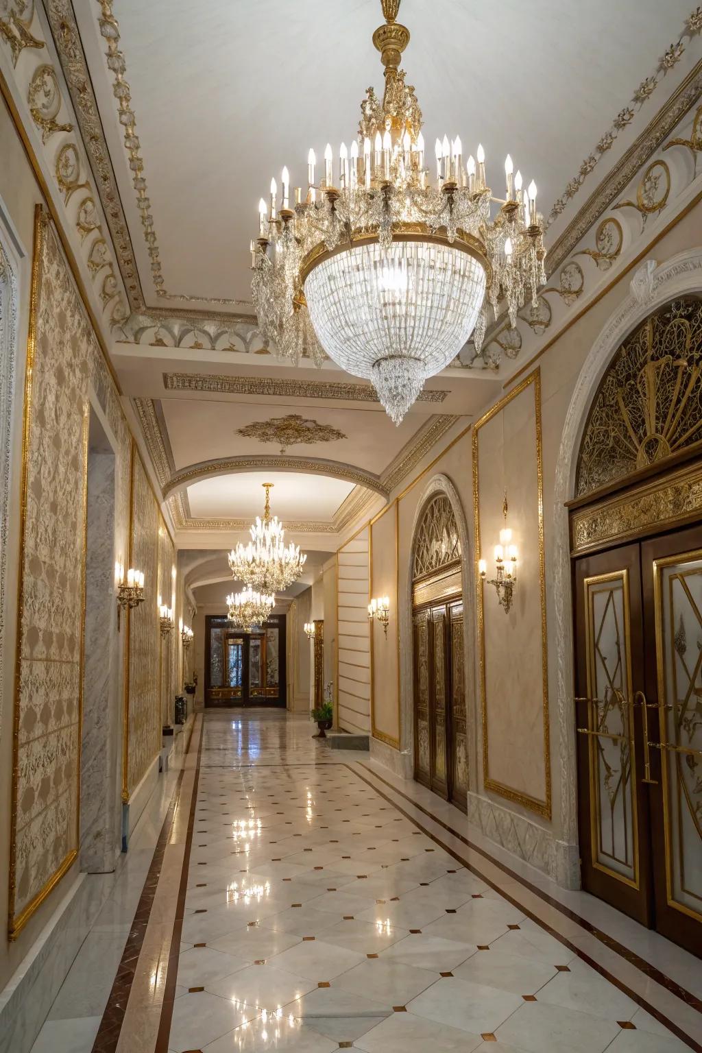 A chandelier brings sophistication and turns a hallway into an elegant space.