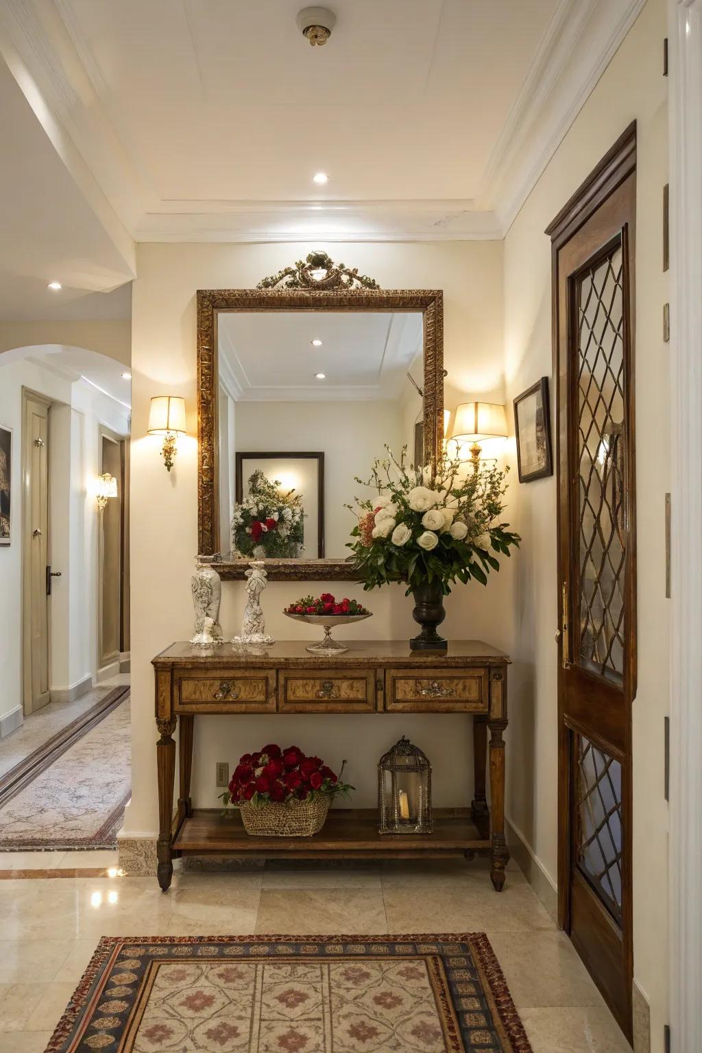 A timeless console ensemble enhanced by a mirror for enduring sophistication.