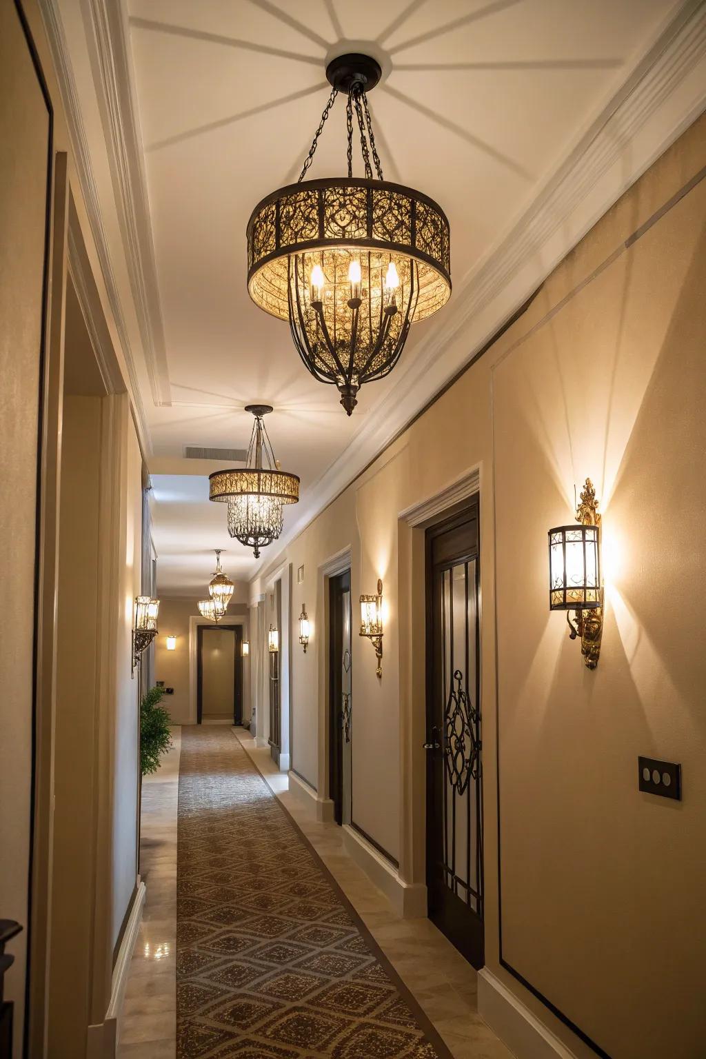 Layered lighting design brings a sense of warmth and enhances depth in a hallway.