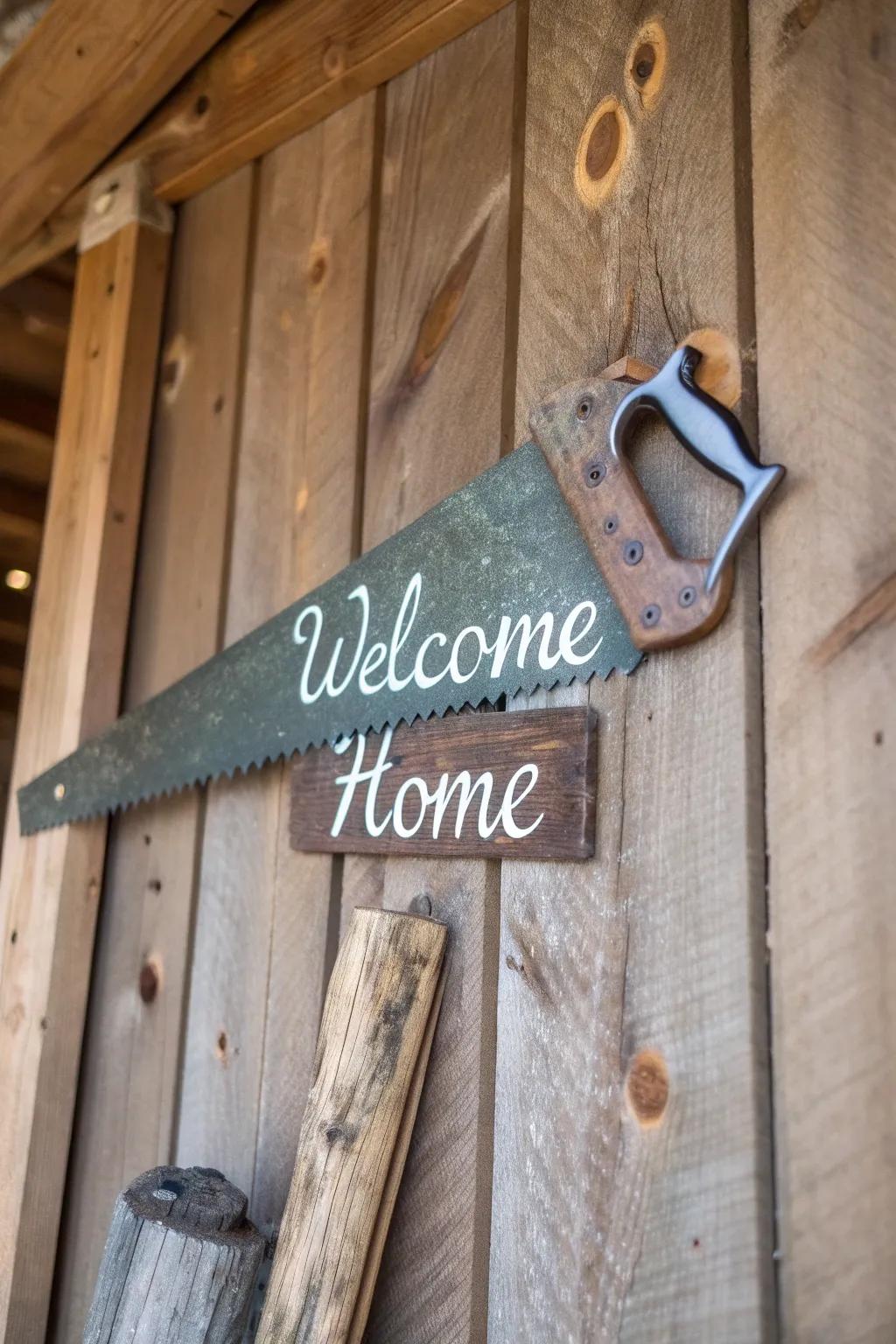A repurposed vintage hand saw serving as a charming welcome display.