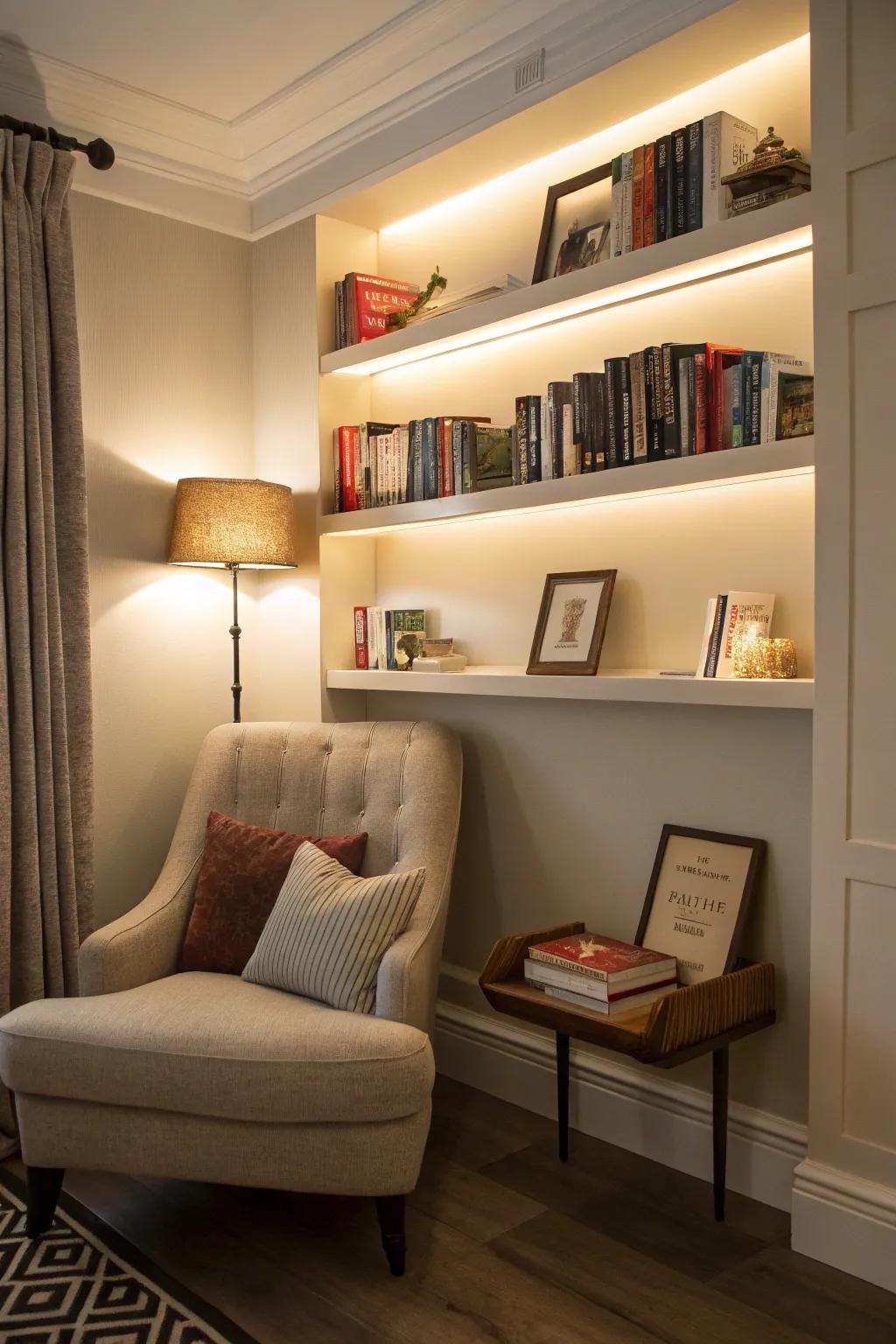 Wall-mounted ledges transform your book collection into an aesthetic asset.