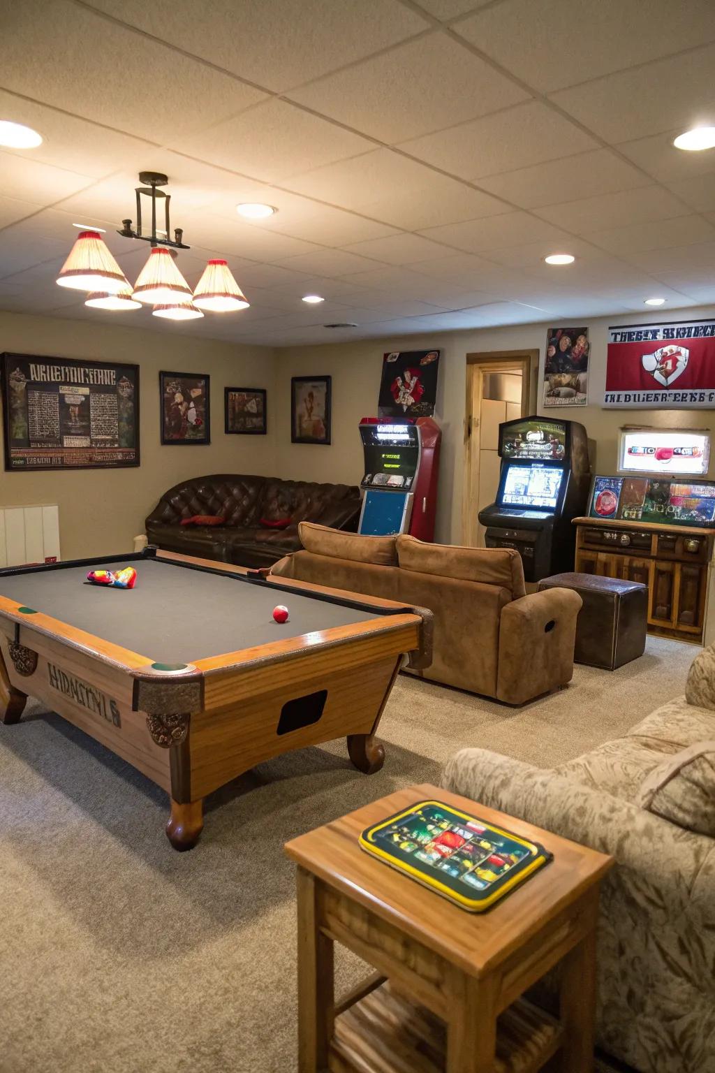 Design a fantastic game room in your basement, complete with timeless games and comfortable seating arrangements.