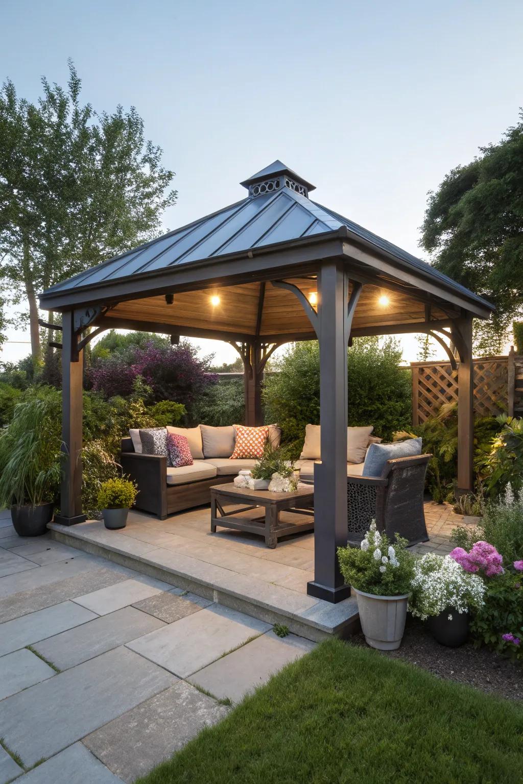 Design a comfortable outdoor lounge spot beneath your gazebo.