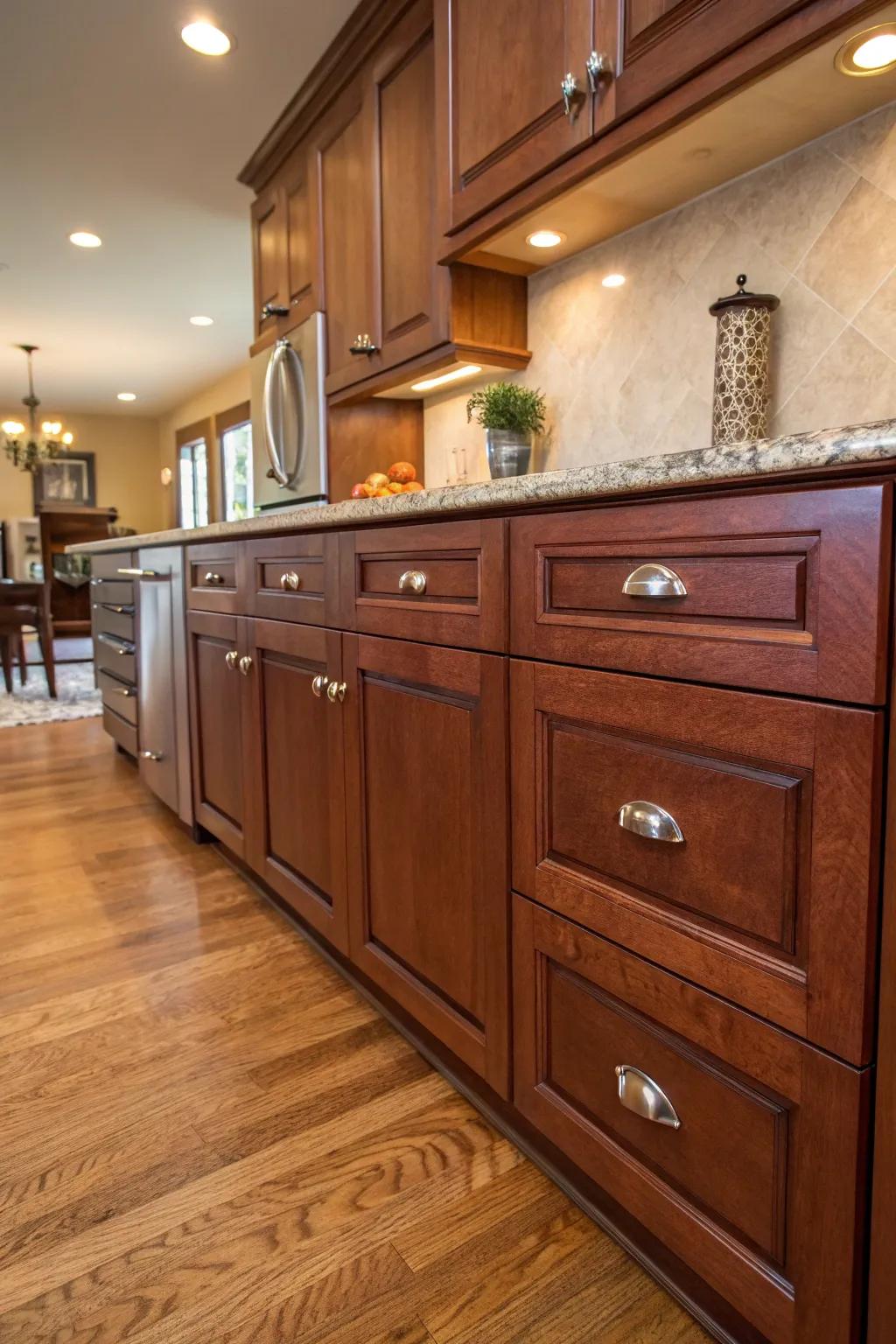 Refined pewter finish knobs showcase enduring refinement.