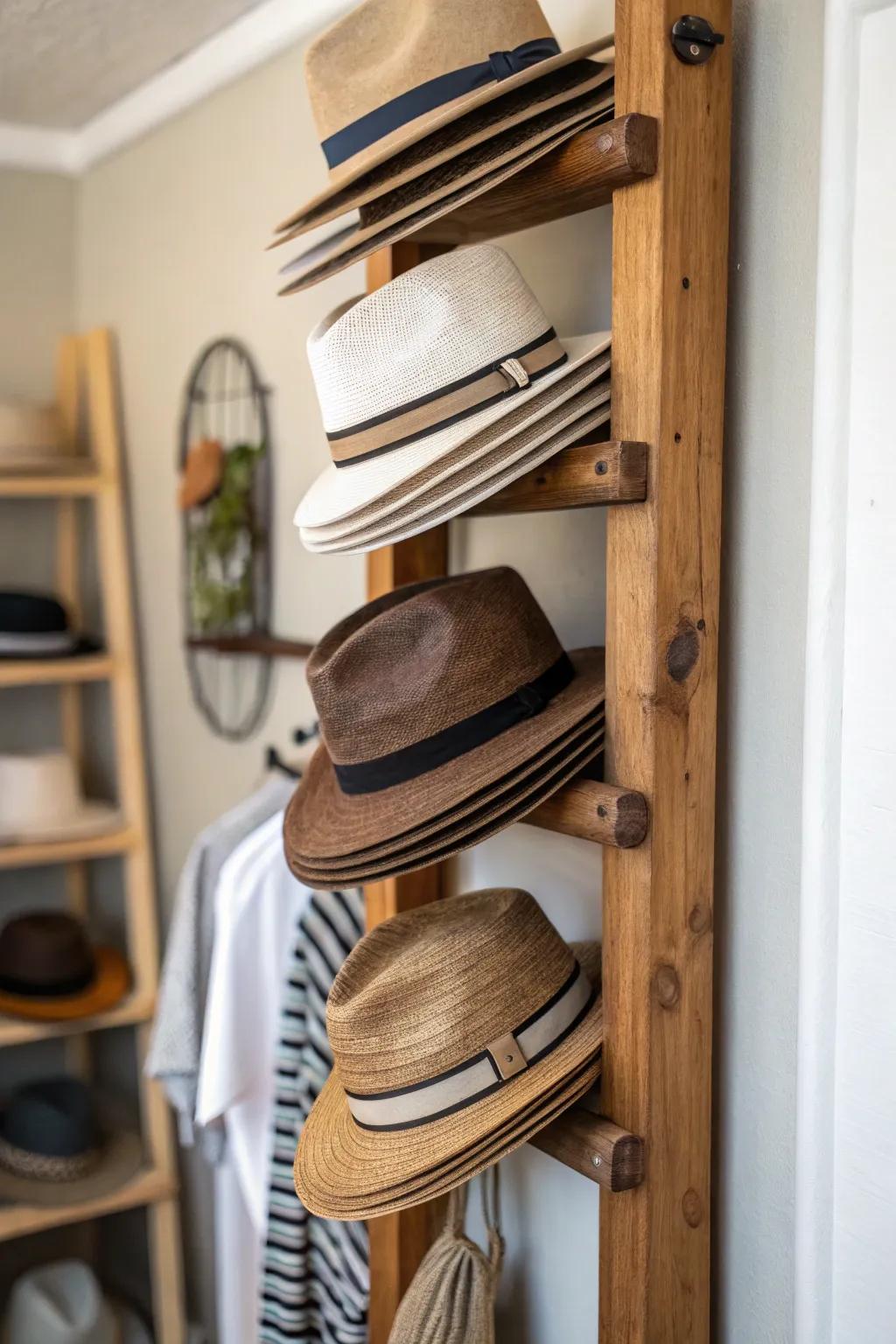 Upright timber organizers provide an organized and rustic means to display your hats.