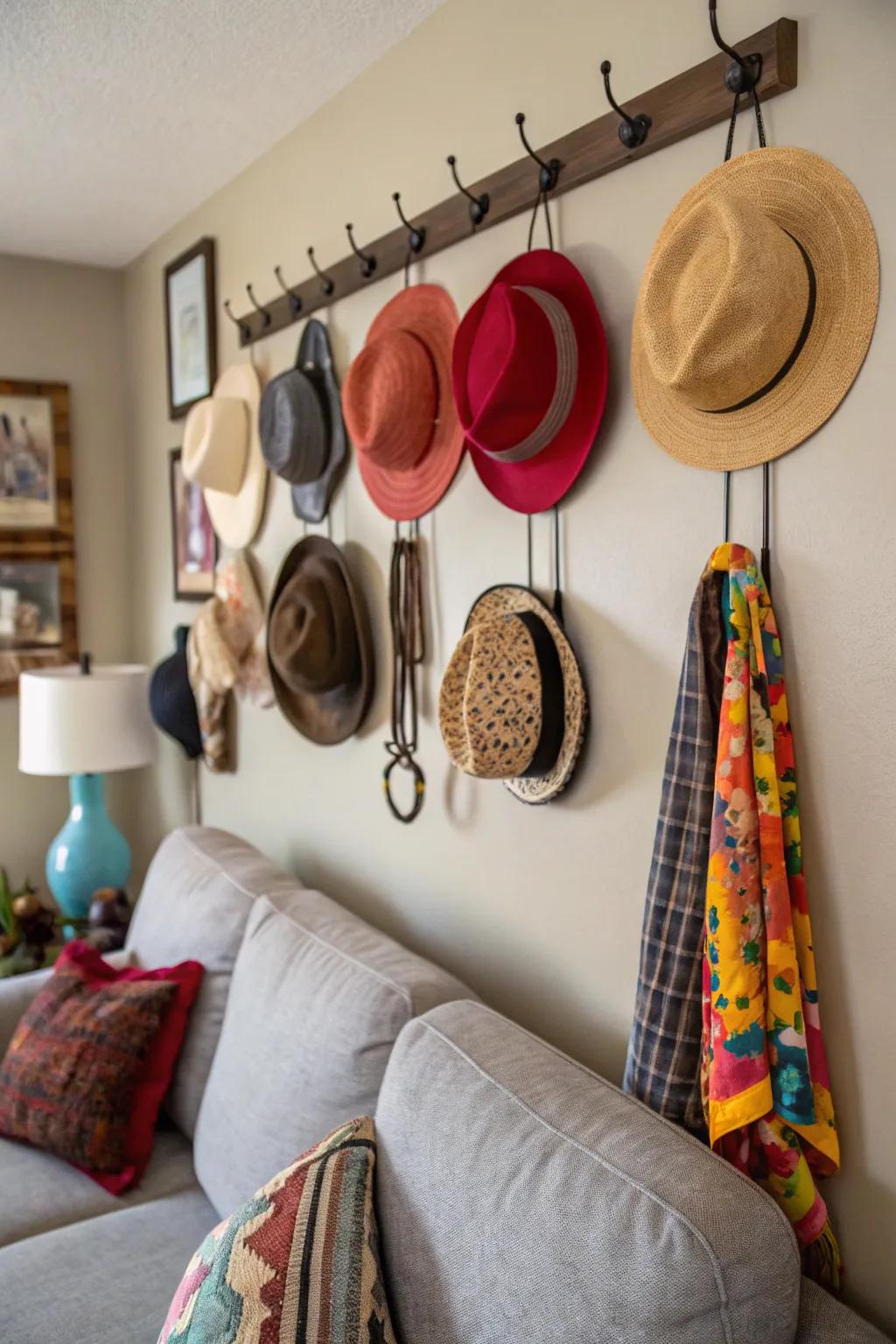 Design a stylish hat arrangement with wall pegs for a tidy and curated display.