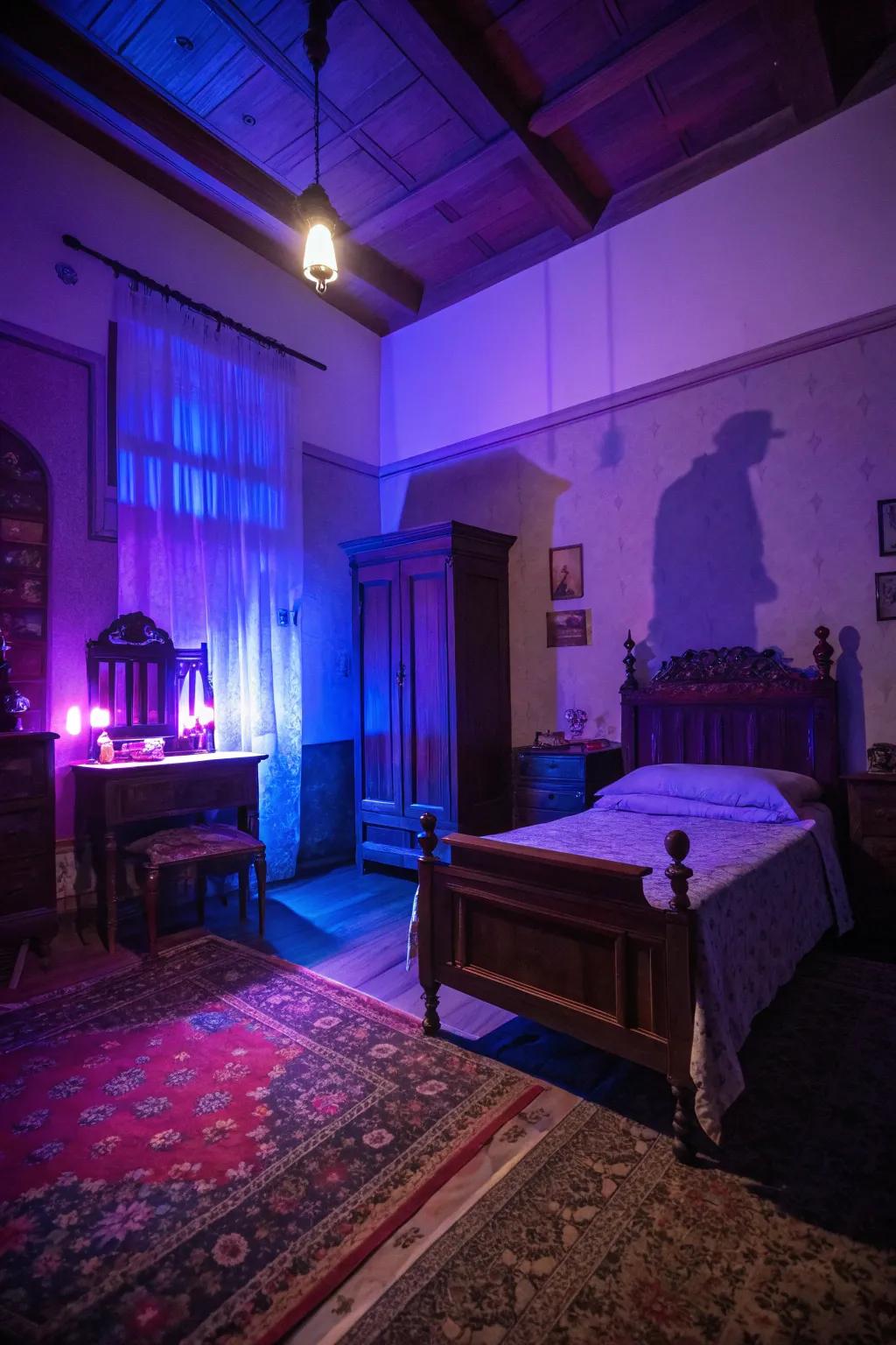 Eerie lighting introduces a spectral allure to your bedroom.
