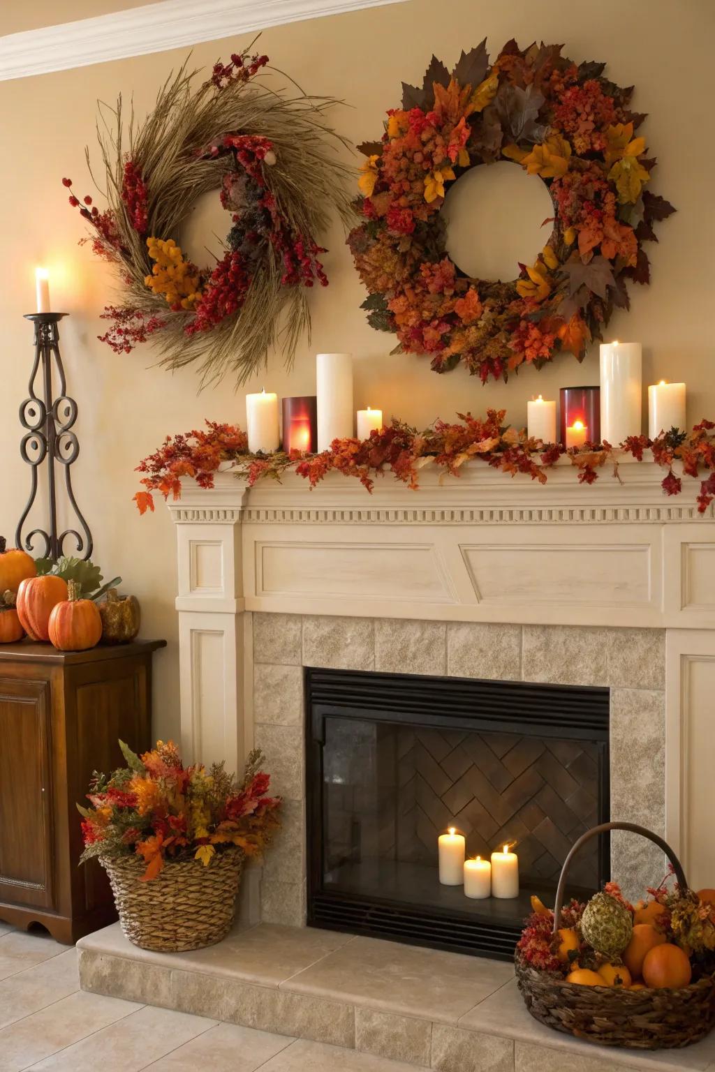 Celebrate the changing seasons with coordinated hearth decorations.