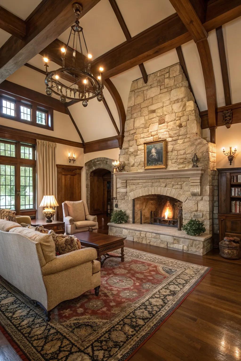 A classic living area featuring a magnificent stone fireplace as the focal point.