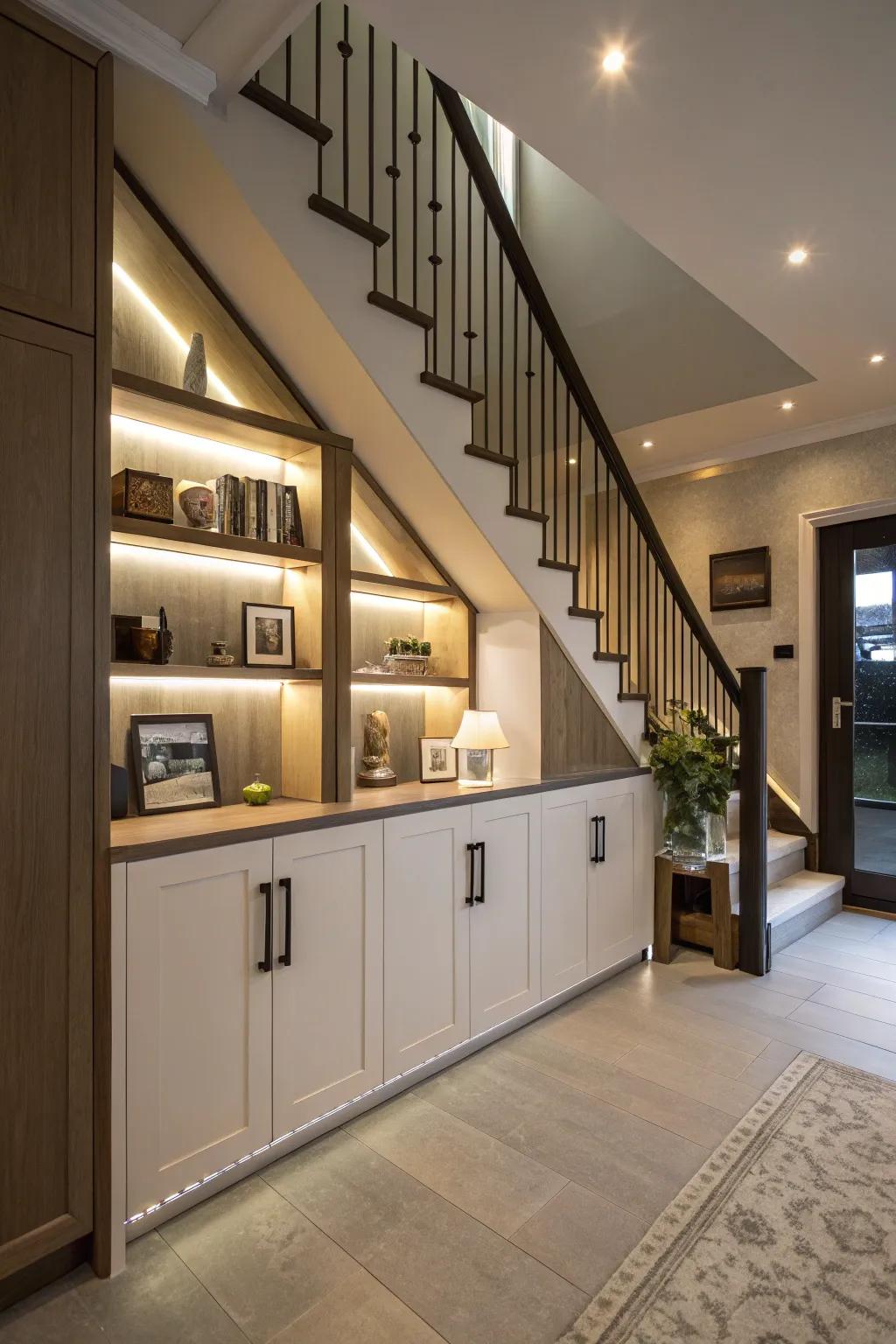 Tailored cabinetry beneath the stairs, resulting in an elegant concealed bar.