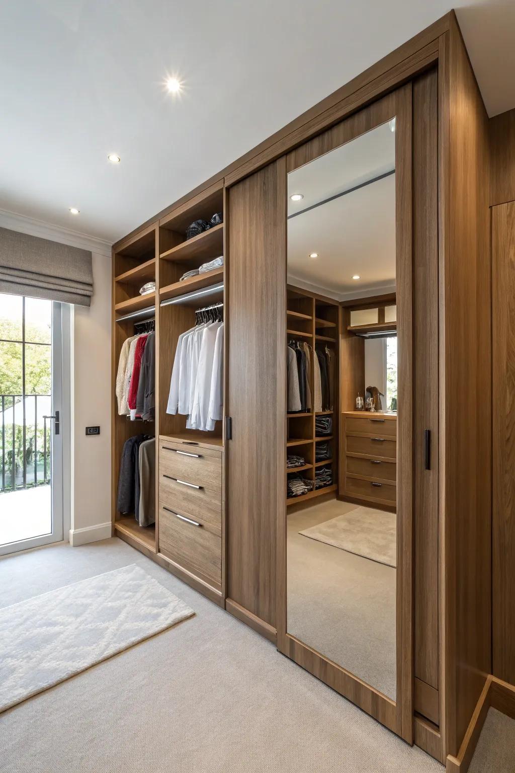 A cleverly placed hidden mirror door hides a closet, adding both flair and function.