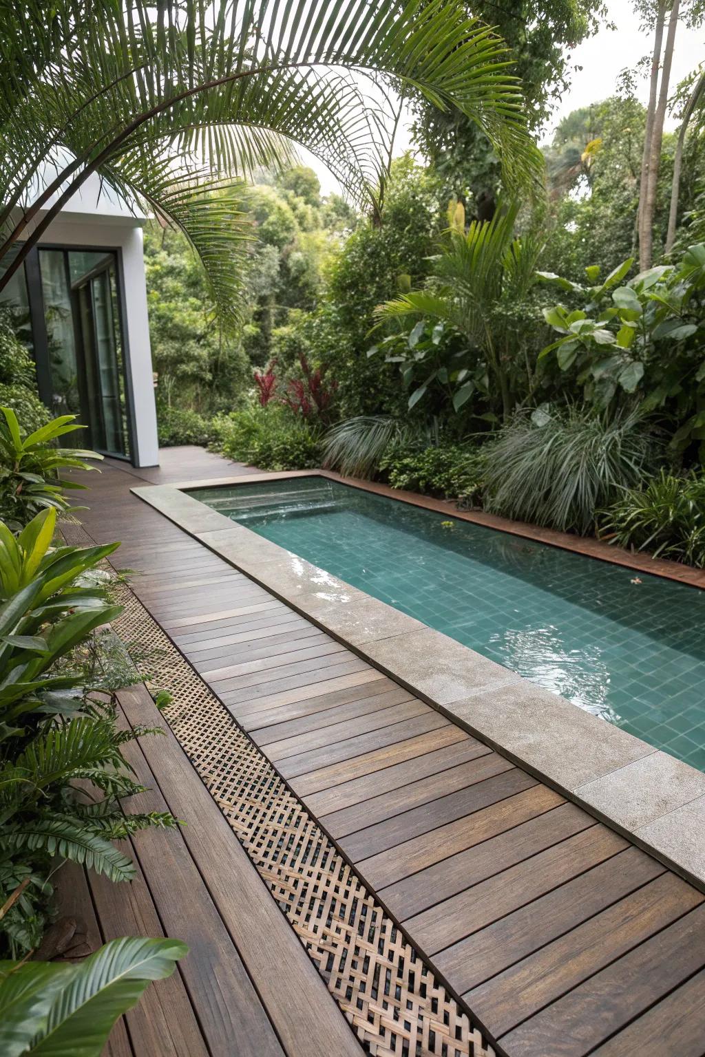 Seamlessly coordinated drain tops with the deck's timber texture.