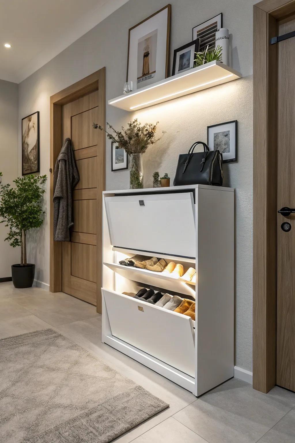 Shoe cabinets with fold-out doors present a streamlined and organized storage solution.