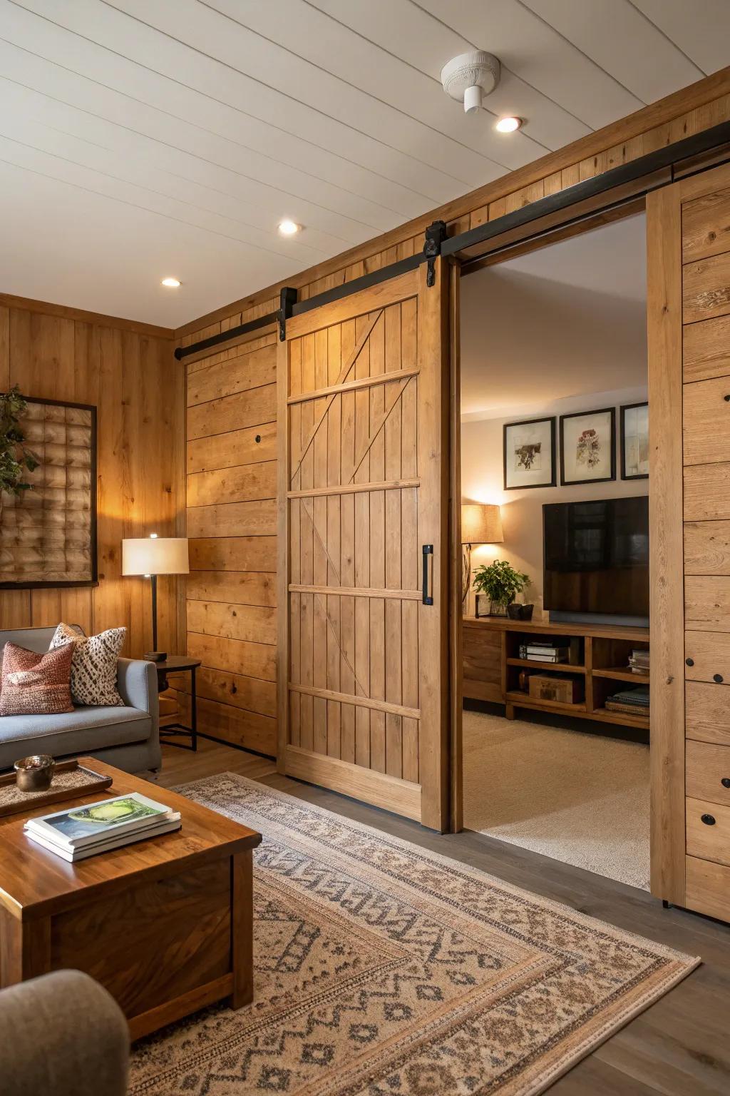 Achieve a unified, natural appearance by blending sliding doors with wooden panels.