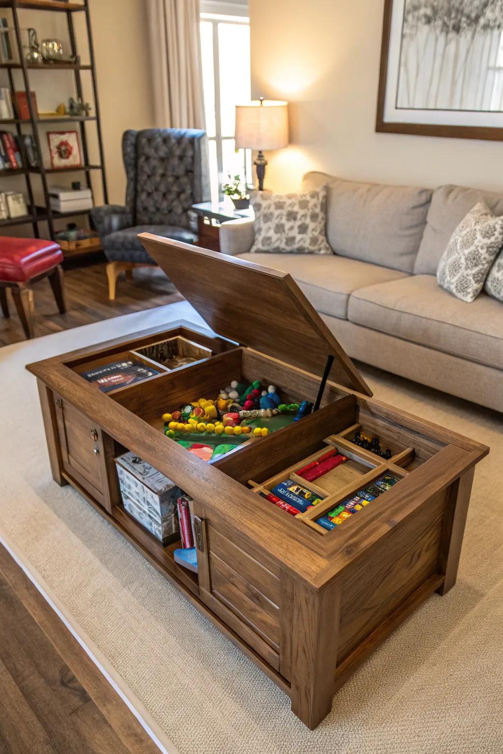 A center table with hidden storage for toys.