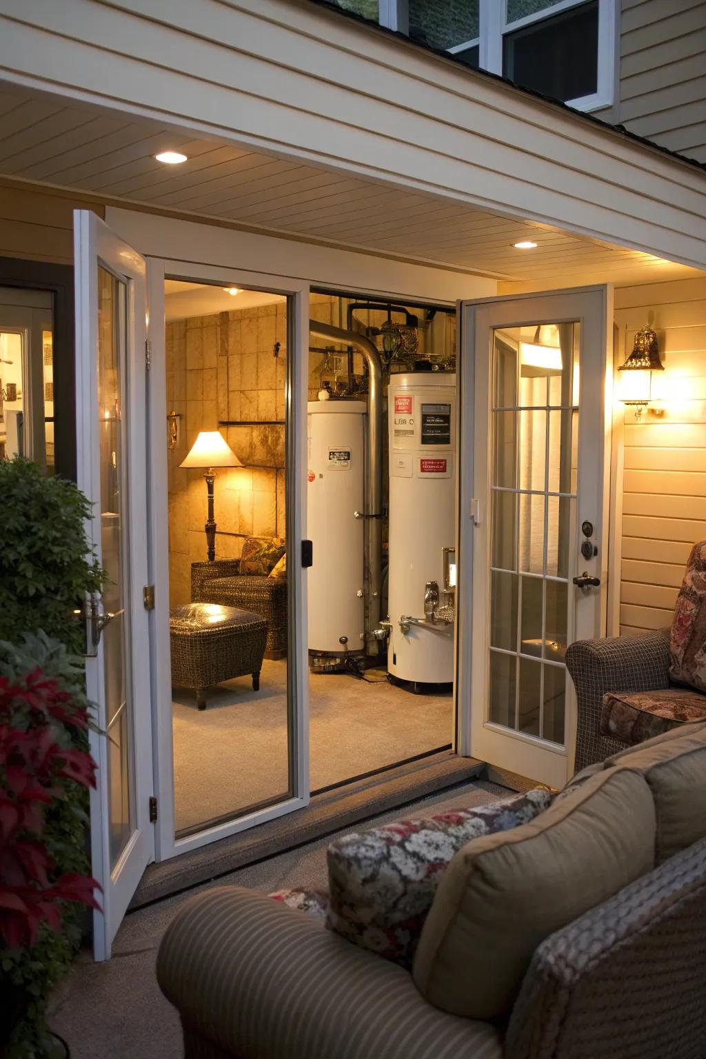 Bi-fold doors providing an elegant enclosure for a furnace and water heater in a residential setting.