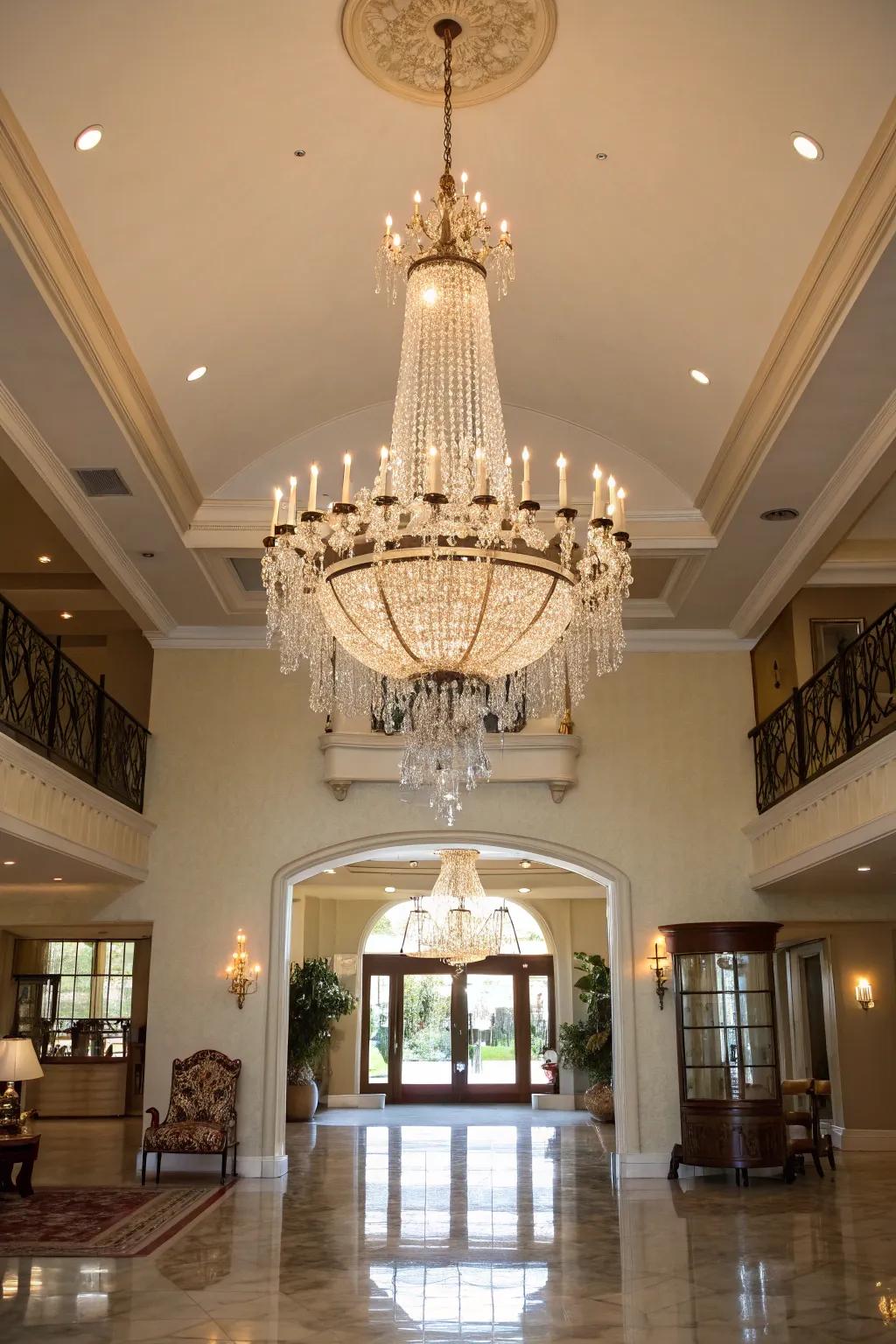 A tiered luminaire introduces refinement and spectacle to the entryway.