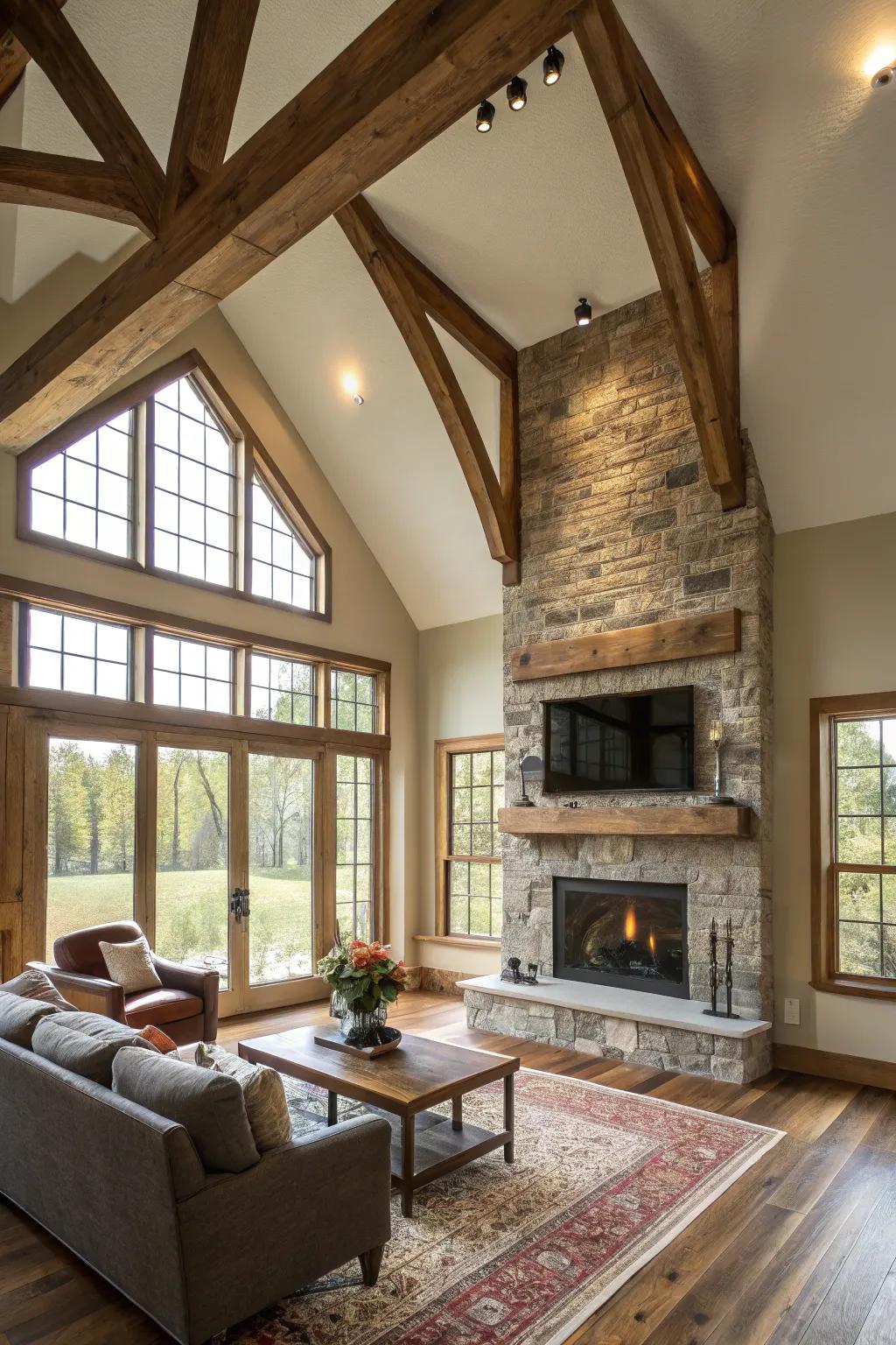 Celebrate architectural splendor with visible beams and plentiful sunlight.