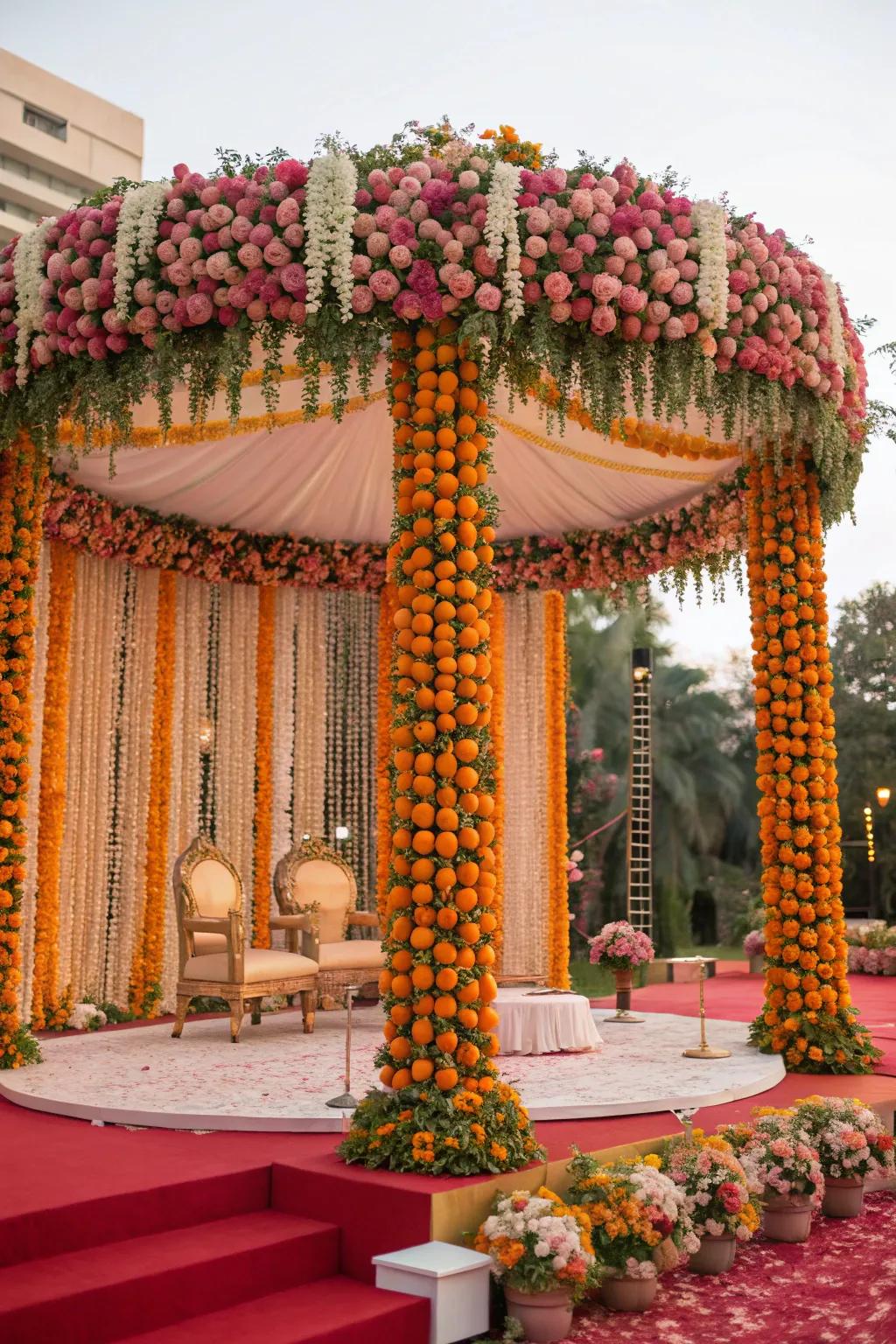A mandap decorated with an abundant overhang of blooms and sunlight strings.