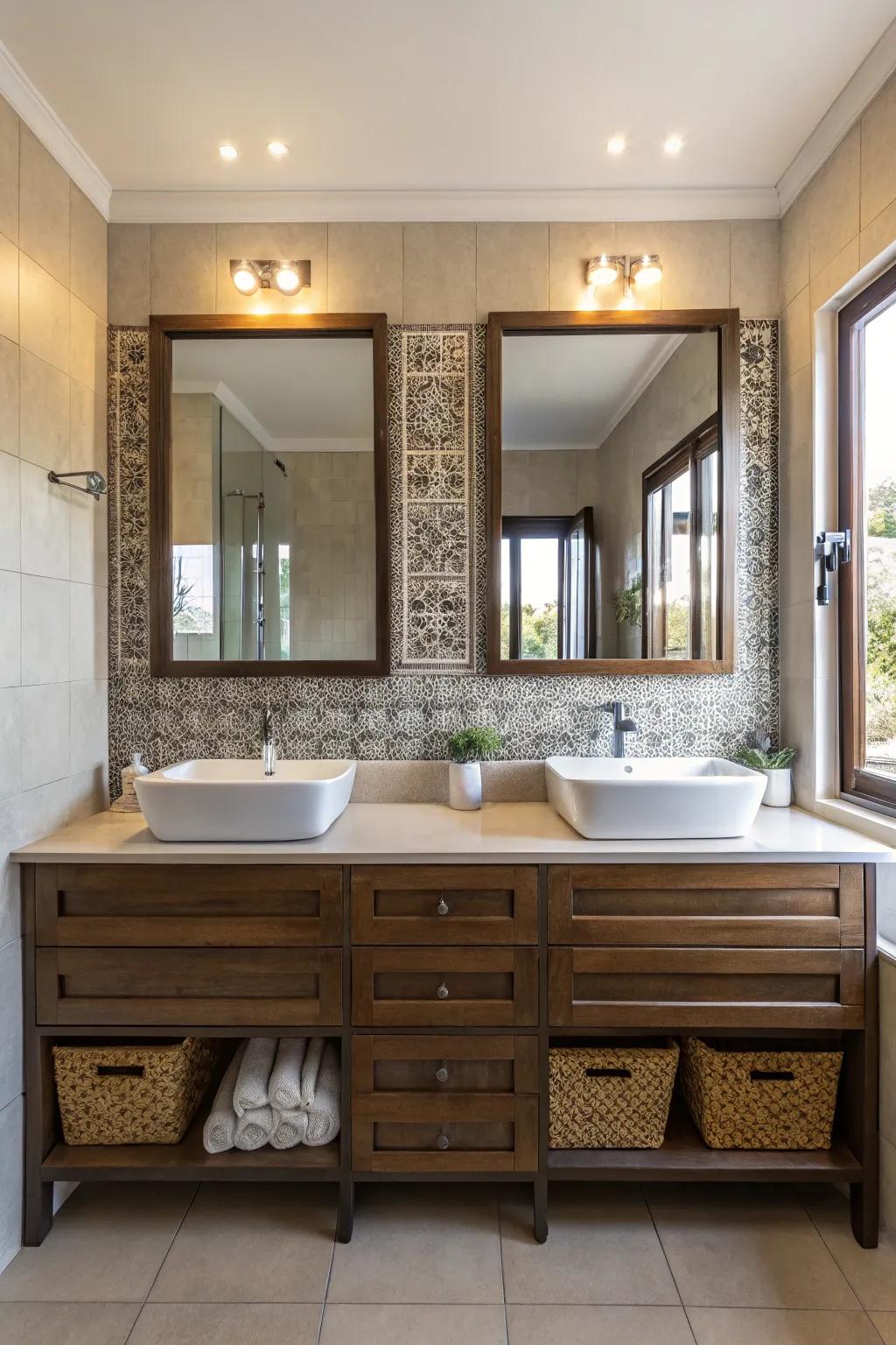 A balanced bathroom layout featuring flawlessly symmetrical elements.