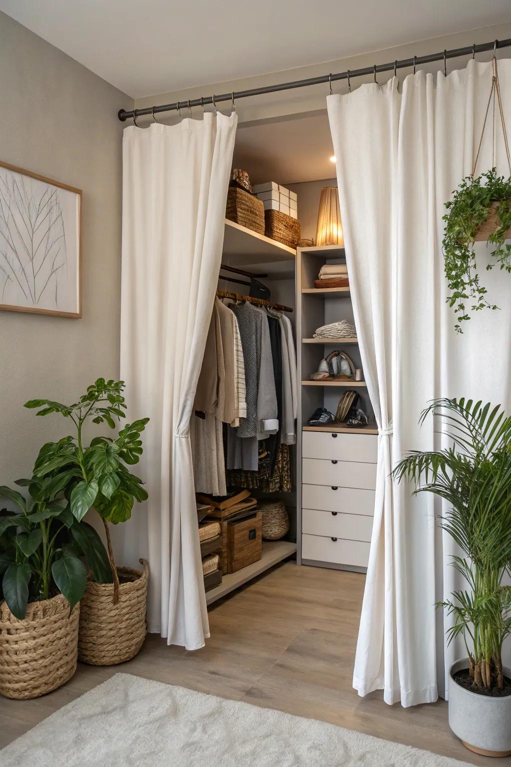 A flowing curtain provides an elegant division in a shared closet.