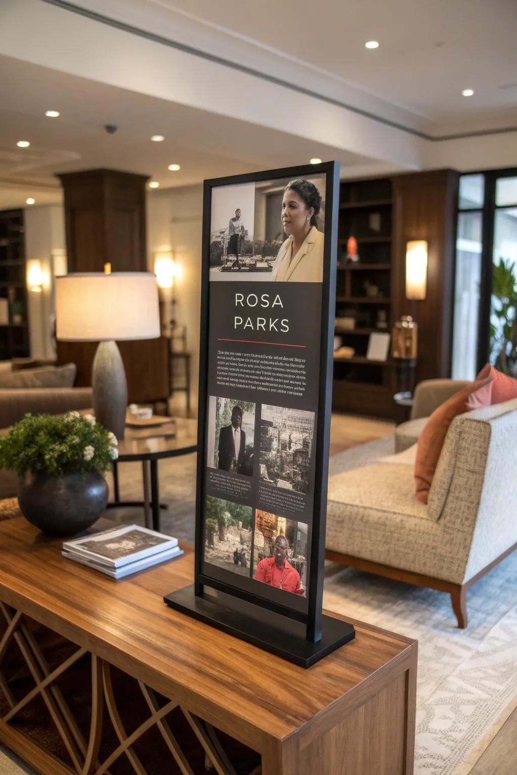 A display celebrating a historical figure, enriching the aesthetic of a modern living area.