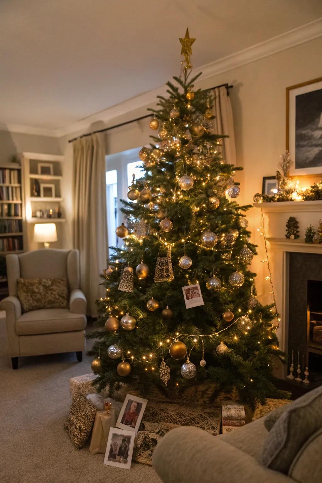 A Christmas tree decorated with both metallic ornaments and cherished personal items.