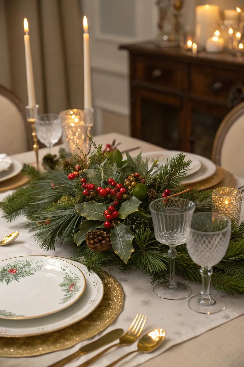 Introduce organic elements like pine branches and holly to create a celebratory atmosphere.