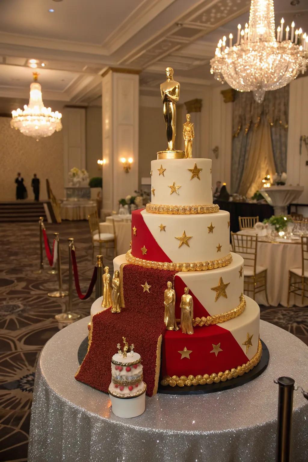 A cake featuring a dramatic red carpet effect, perfect for a Hollywood-themed event.