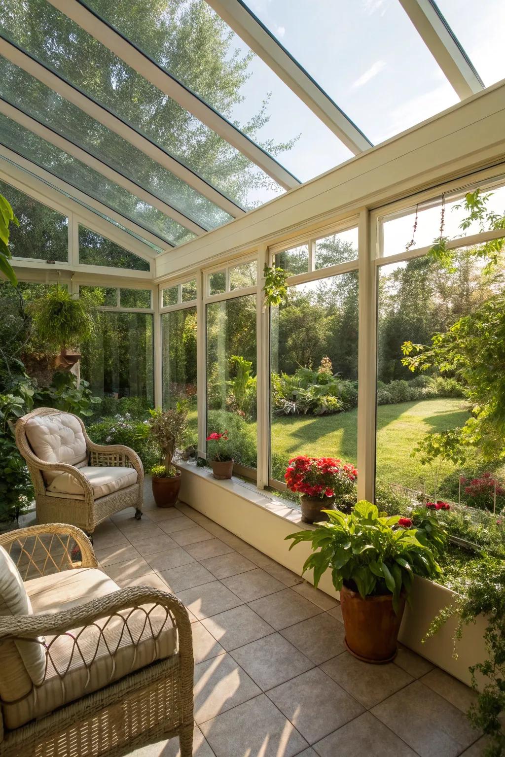 A sunroom bathed in natural light and filled with greenery.