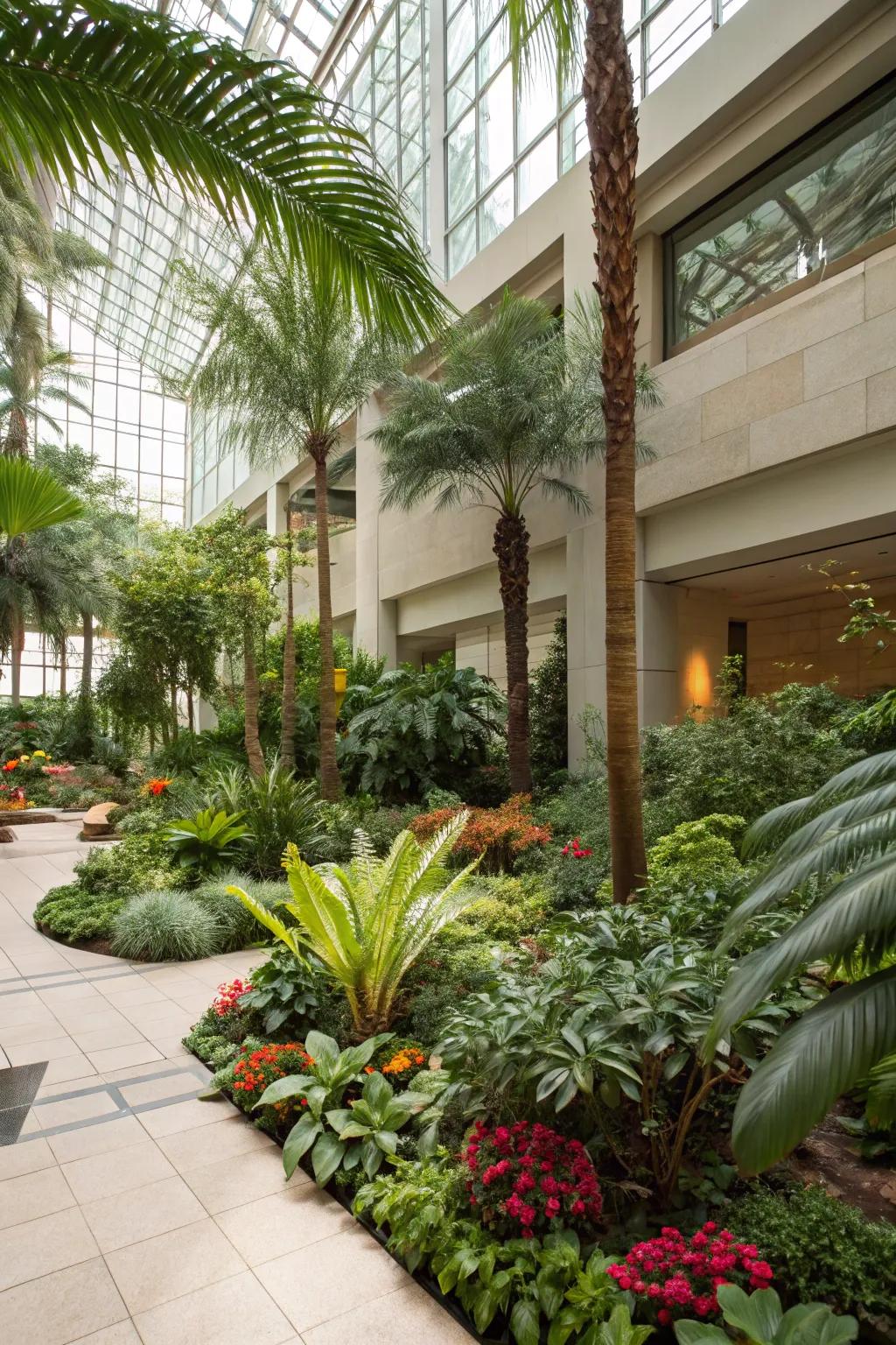 An indoor garden atrium abundant with lush greenery and plentiful sunlight.