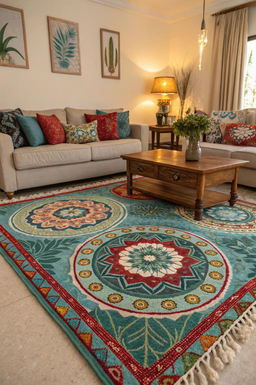 A striking floor covering acts as a central point, adding vibrancy and warmth to the surrounding space.