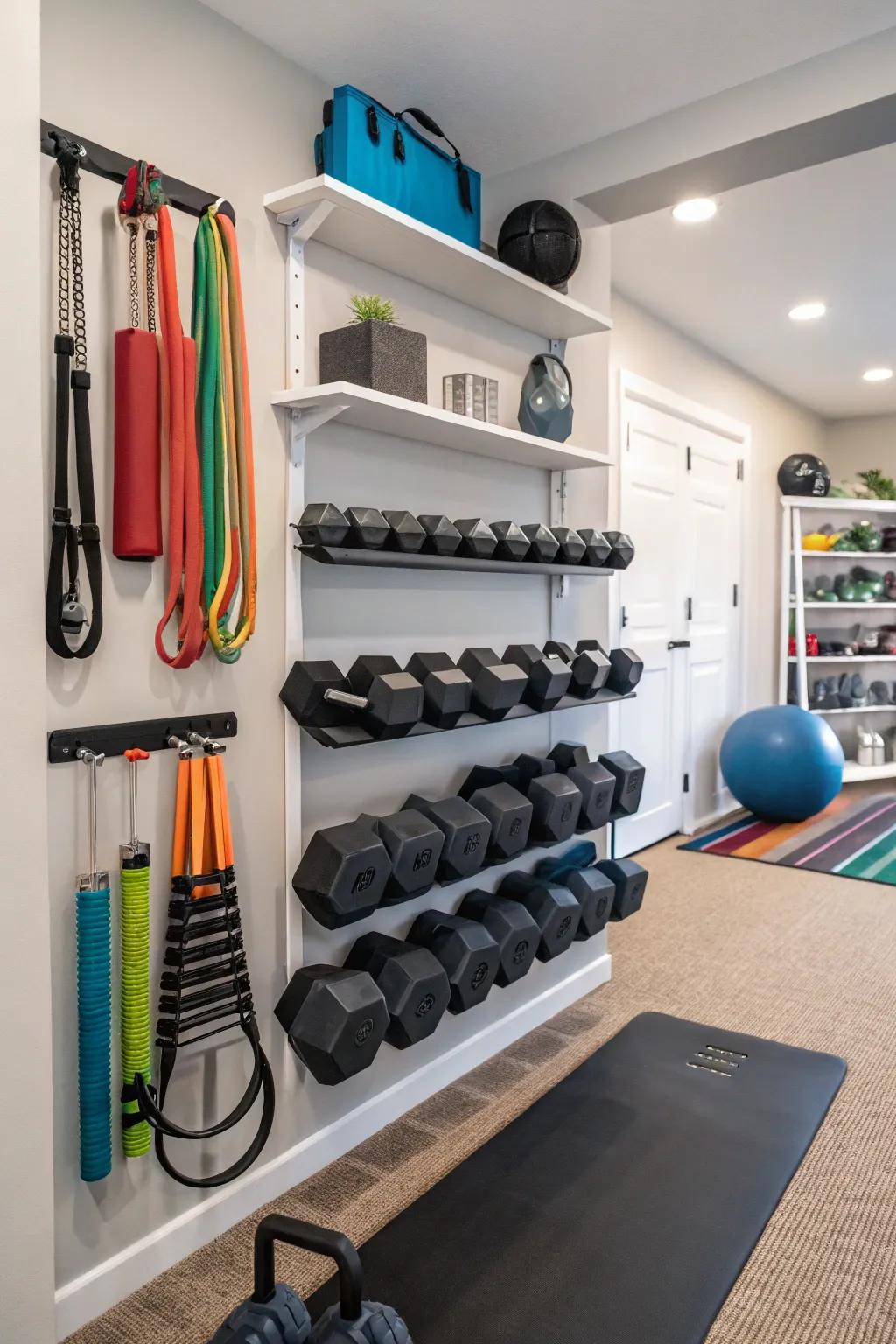 Wall-mounted shelves keep your gym essentials organized and within reach.
