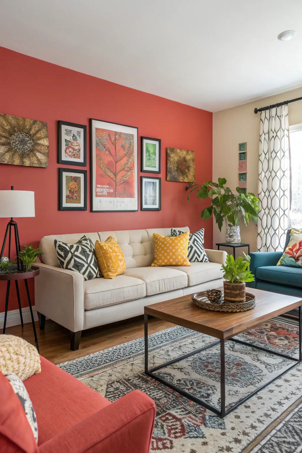 A striking accent wall provides dimension and individuality to your lounge.