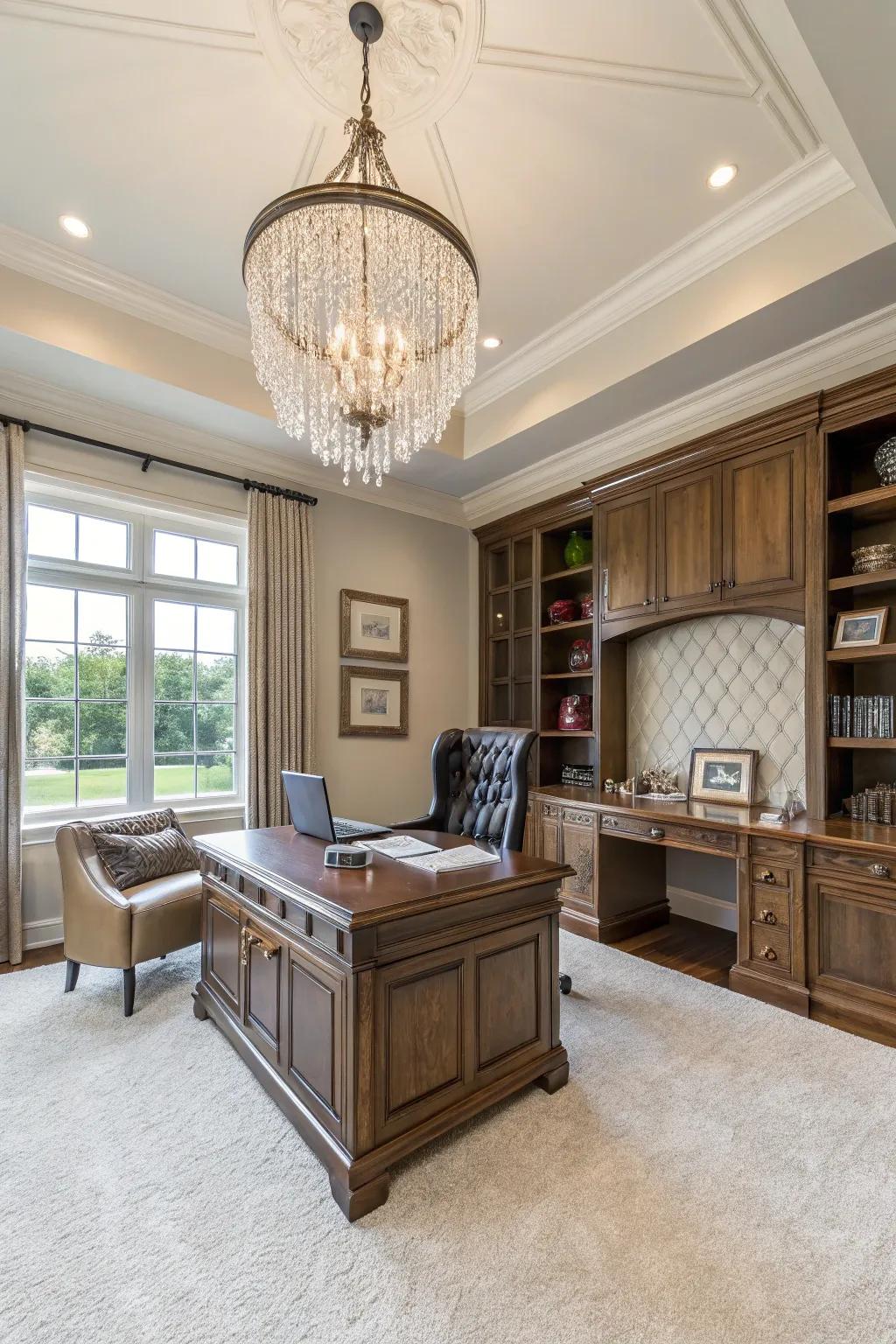 A crystal chandelier enhances the sophistication of any home office.