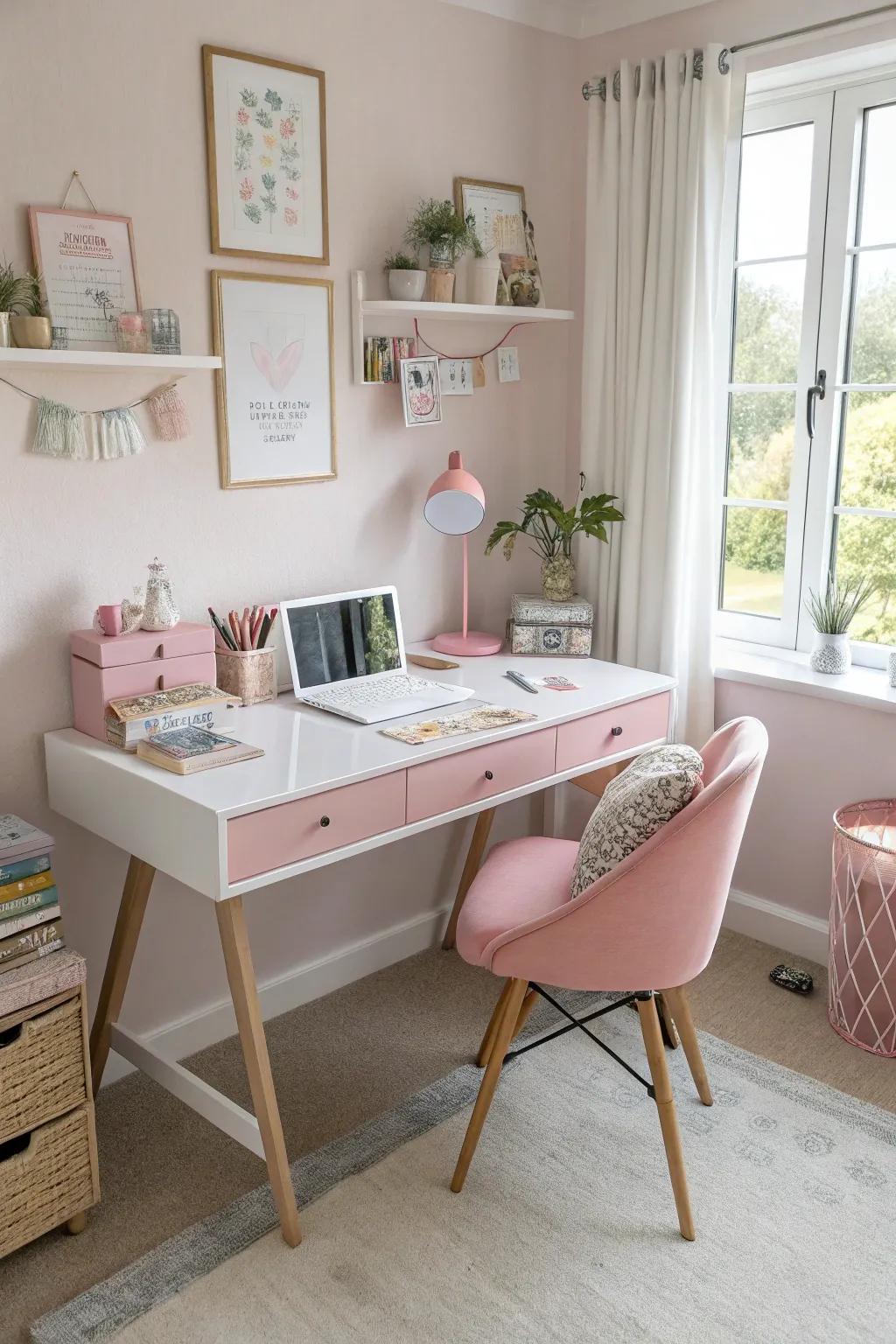 Pastel shades turn a basic desk into a tranquil and appealing workspace.