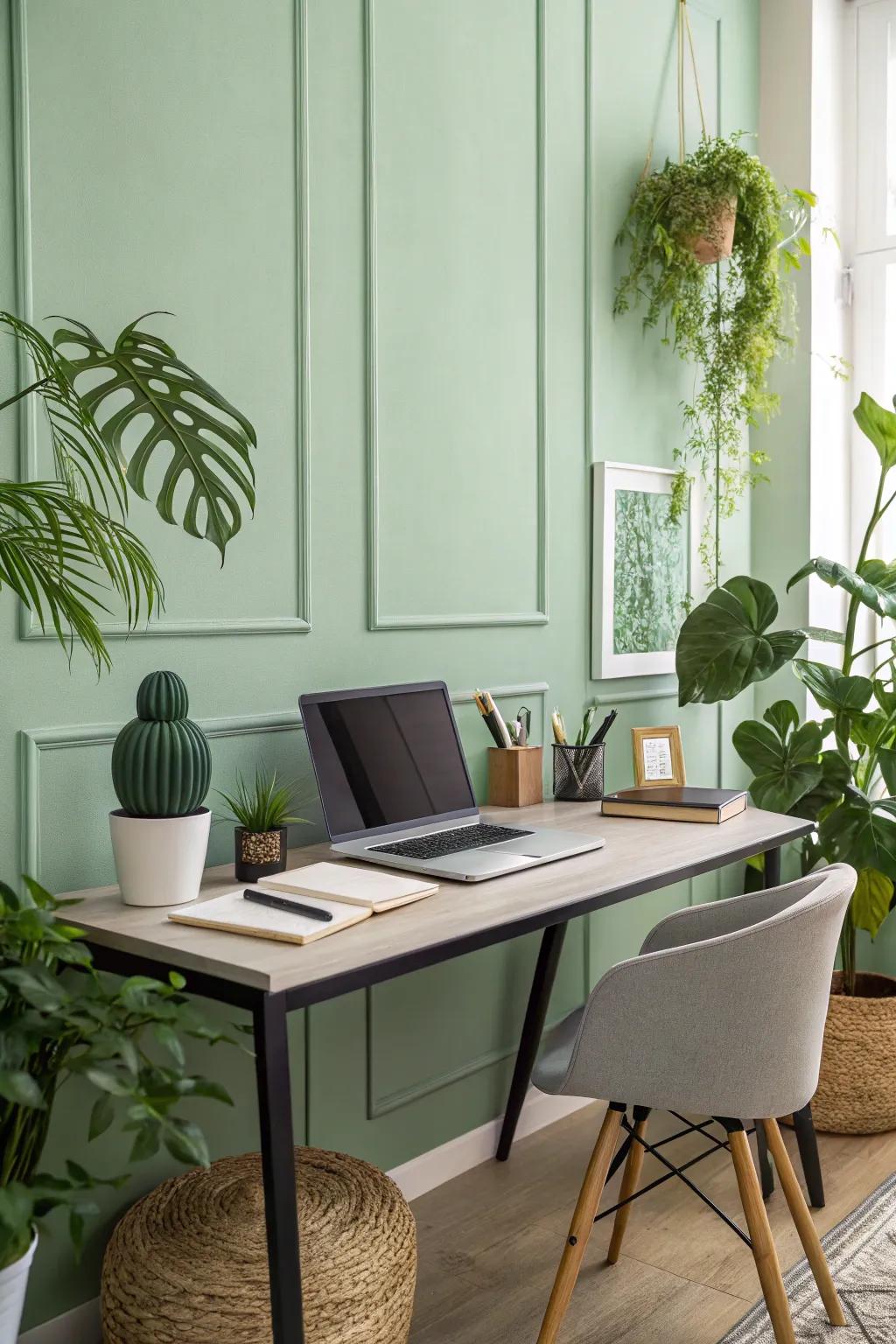 A peaceful soft green home office encourages relaxation and concentration.